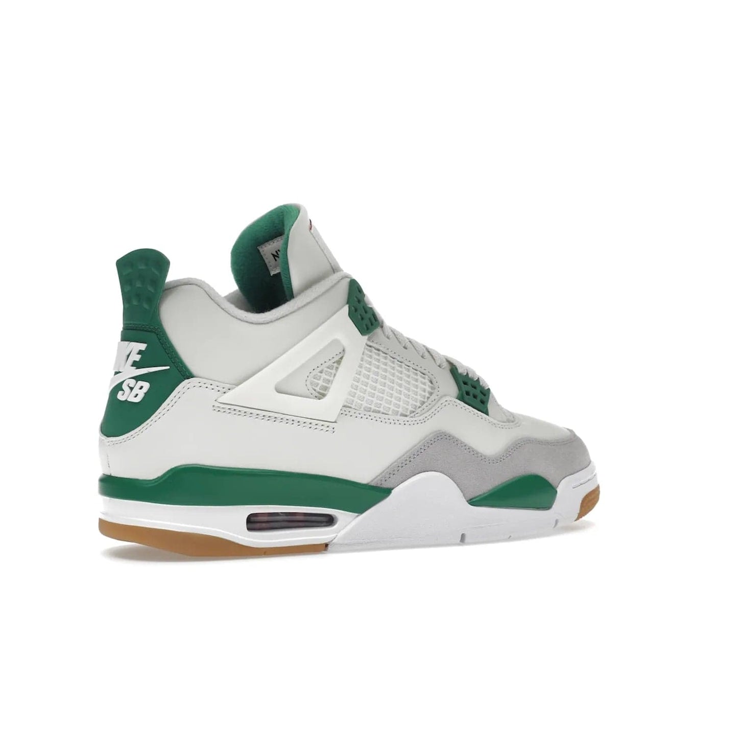 Jordan 4 Retro SB Pine Green - Image 34 - Only at www.BallersClubKickz.com - A white leather upper combined with a Neutral Grey suede mudguard gives this limited Air Jordan 4 Retro SB Pine Green sneaker its unmistakable style. Released March 20, 2023, the Jordan 4 Retro SB features a white and Pine Green midsole plus a red air unit with a gum outsole for grip. The perfect blend of Nike SB skateboarding and Jordan 4 classic design.