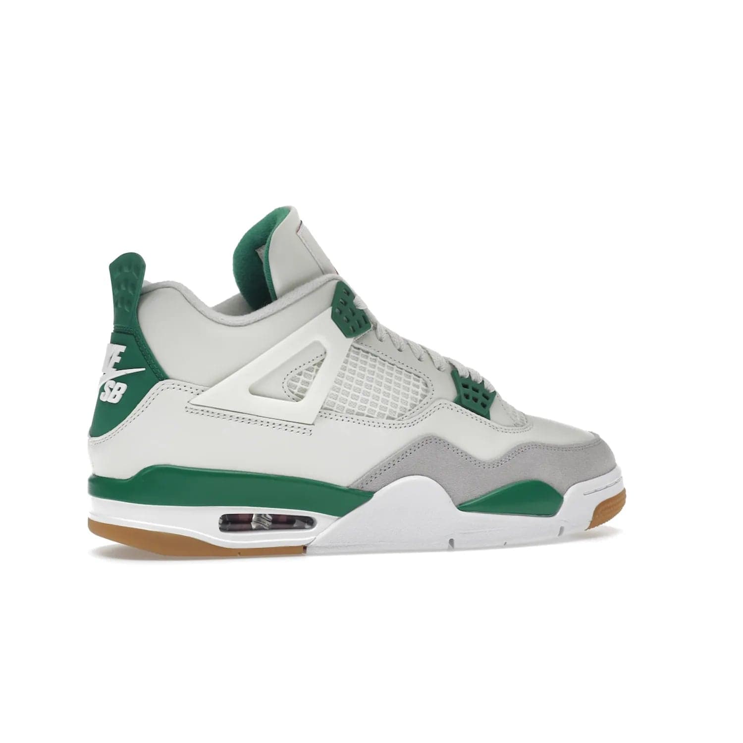Jordan 4 Retro SB Pine Green - Image 35 - Only at www.BallersClubKickz.com - A white leather upper combined with a Neutral Grey suede mudguard gives this limited Air Jordan 4 Retro SB Pine Green sneaker its unmistakable style. Released March 20, 2023, the Jordan 4 Retro SB features a white and Pine Green midsole plus a red air unit with a gum outsole for grip. The perfect blend of Nike SB skateboarding and Jordan 4 classic design.