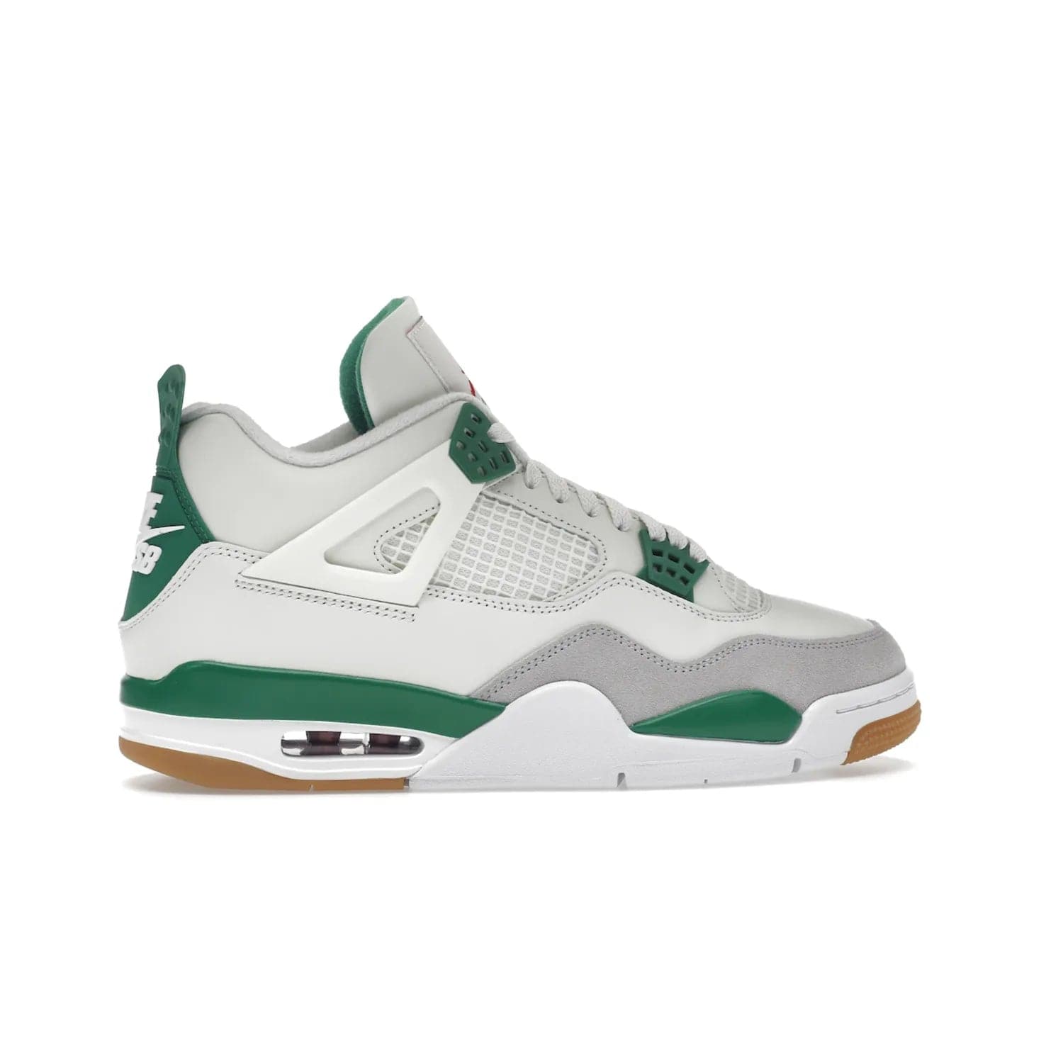 Jordan 4 Retro SB Pine Green - Image 36 - Only at www.BallersClubKickz.com - A white leather upper combined with a Neutral Grey suede mudguard gives this limited Air Jordan 4 Retro SB Pine Green sneaker its unmistakable style. Released March 20, 2023, the Jordan 4 Retro SB features a white and Pine Green midsole plus a red air unit with a gum outsole for grip. The perfect blend of Nike SB skateboarding and Jordan 4 classic design.
