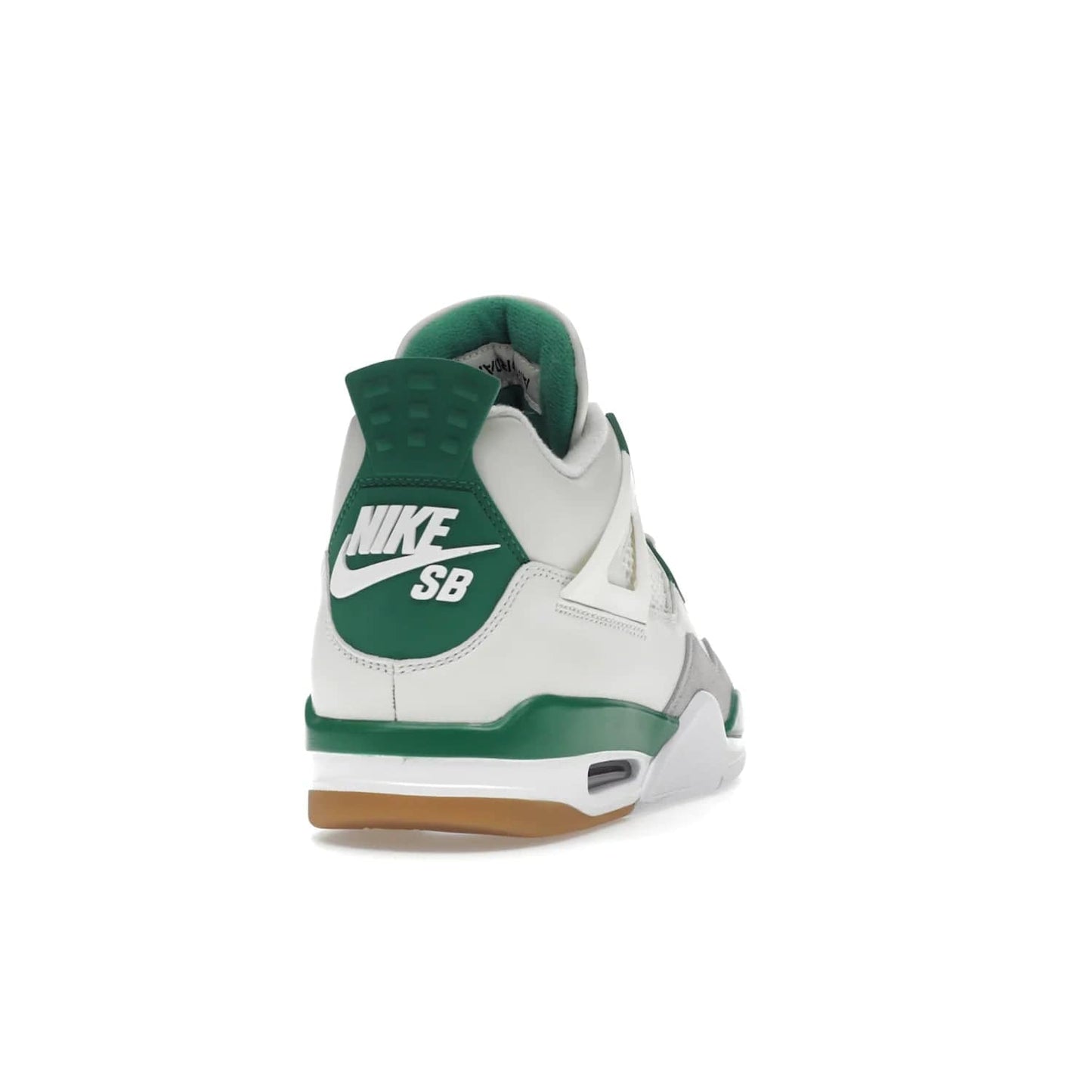 Jordan 4 Retro SB Pine Green - Image 30 - Only at www.BallersClubKickz.com - A white leather upper combined with a Neutral Grey suede mudguard gives this limited Air Jordan 4 Retro SB Pine Green sneaker its unmistakable style. Released March 20, 2023, the Jordan 4 Retro SB features a white and Pine Green midsole plus a red air unit with a gum outsole for grip. The perfect blend of Nike SB skateboarding and Jordan 4 classic design.