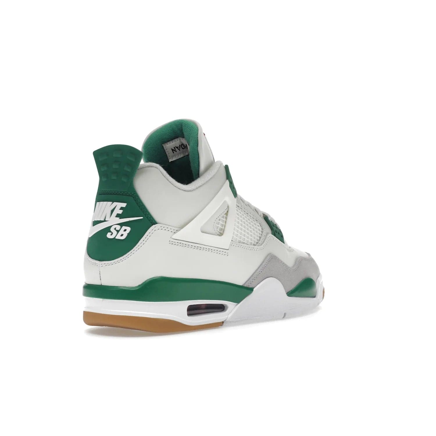 Jordan 4 Retro SB Pine Green - Image 32 - Only at www.BallersClubKickz.com - A white leather upper combined with a Neutral Grey suede mudguard gives this limited Air Jordan 4 Retro SB Pine Green sneaker its unmistakable style. Released March 20, 2023, the Jordan 4 Retro SB features a white and Pine Green midsole plus a red air unit with a gum outsole for grip. The perfect blend of Nike SB skateboarding and Jordan 4 classic design.