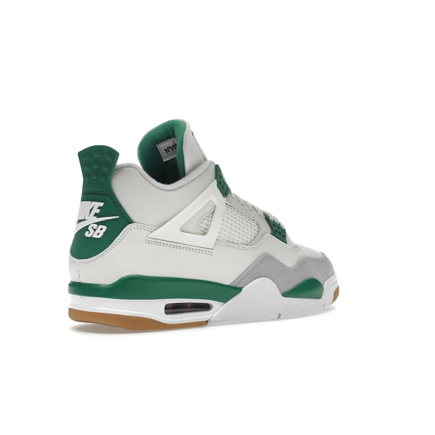 Jordan 4 Retro SB Pine Green - Image 33 - Only at www.BallersClubKickz.com - A white leather upper combined with a Neutral Grey suede mudguard gives this limited Air Jordan 4 Retro SB Pine Green sneaker its unmistakable style. Released March 20, 2023, the Jordan 4 Retro SB features a white and Pine Green midsole plus a red air unit with a gum outsole for grip. The perfect blend of Nike SB skateboarding and Jordan 4 classic design.
