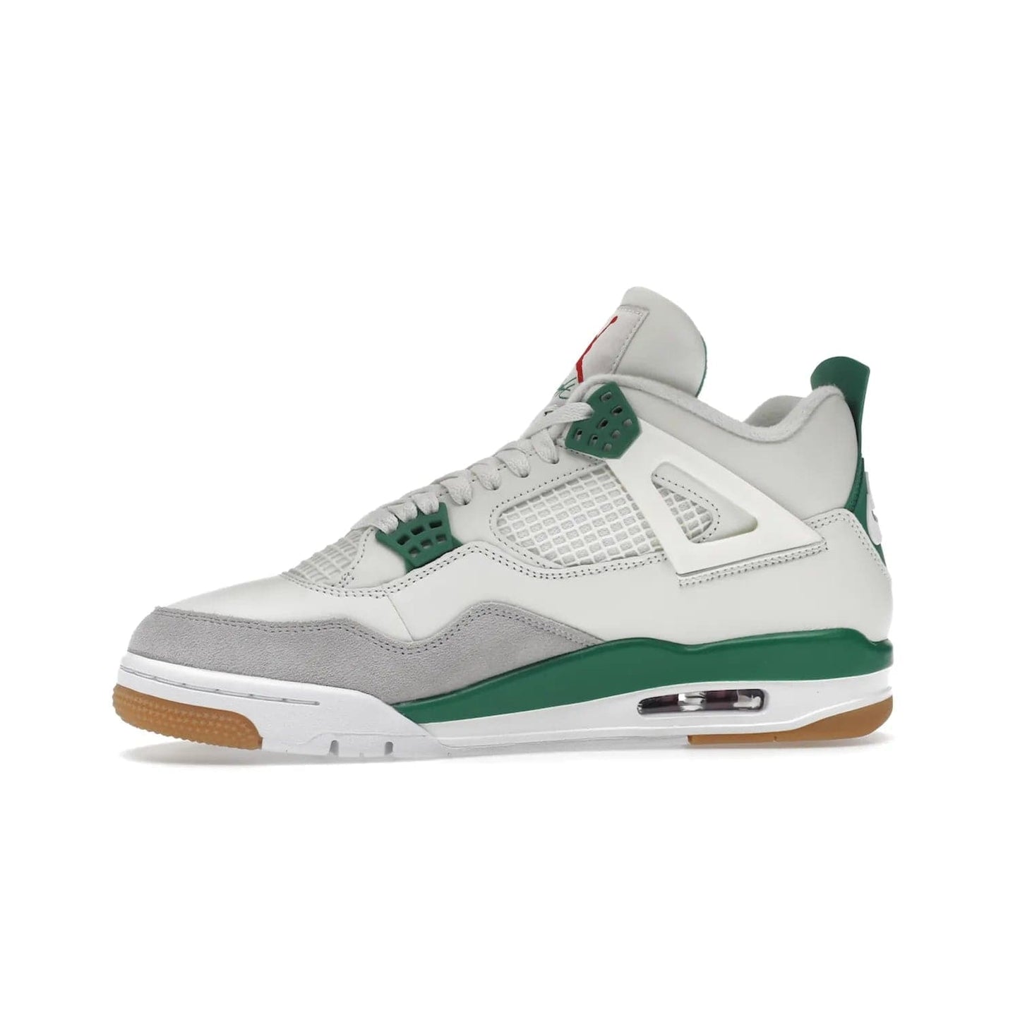 Jordan 4 Retro SB Pine Green - Image 18 - Only at www.BallersClubKickz.com - A white leather upper combined with a Neutral Grey suede mudguard gives this limited Air Jordan 4 Retro SB Pine Green sneaker its unmistakable style. Released March 20, 2023, the Jordan 4 Retro SB features a white and Pine Green midsole plus a red air unit with a gum outsole for grip. The perfect blend of Nike SB skateboarding and Jordan 4 classic design.