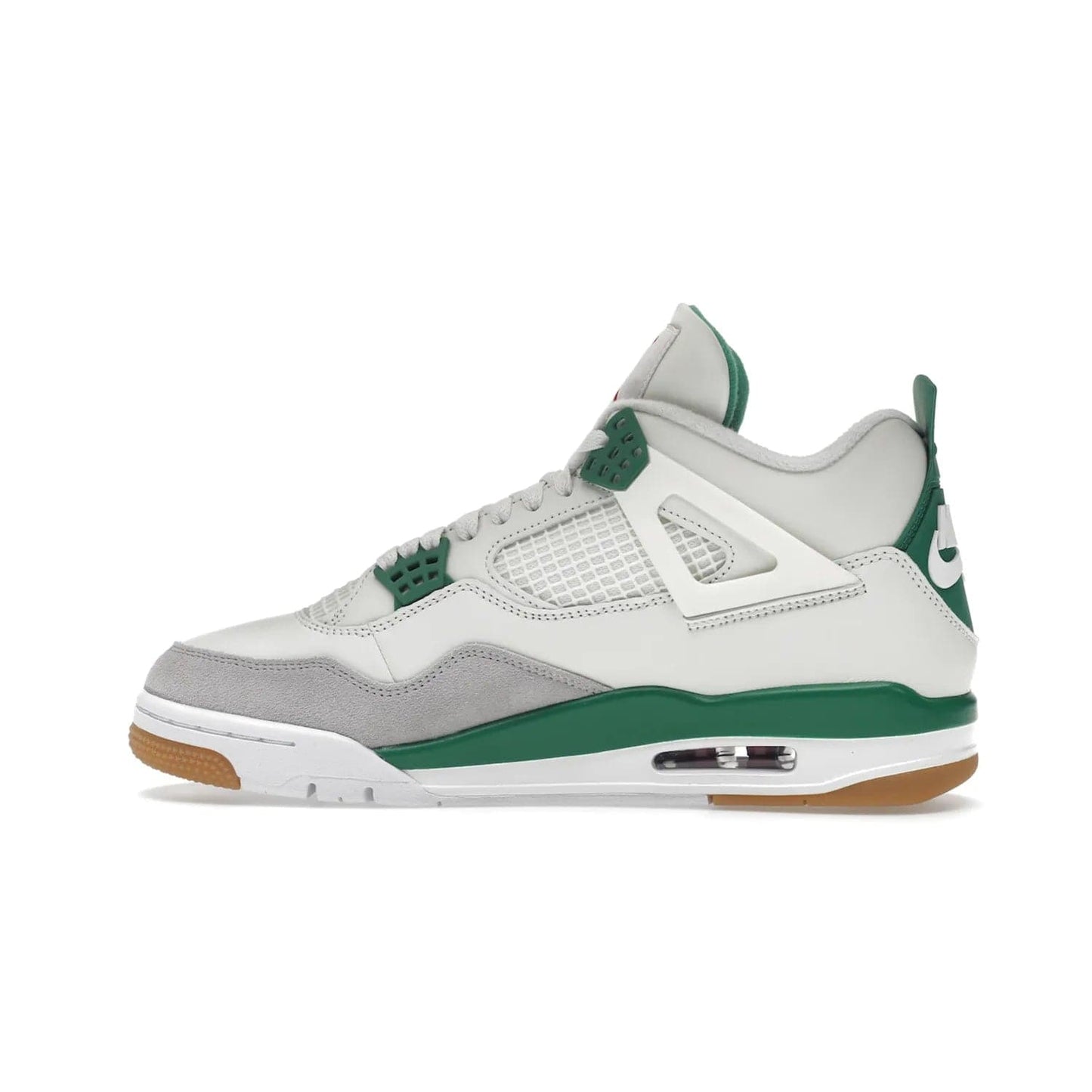 Jordan 4 Retro SB Pine Green - Image 20 - Only at www.BallersClubKickz.com - A white leather upper combined with a Neutral Grey suede mudguard gives this limited Air Jordan 4 Retro SB Pine Green sneaker its unmistakable style. Released March 20, 2023, the Jordan 4 Retro SB features a white and Pine Green midsole plus a red air unit with a gum outsole for grip. The perfect blend of Nike SB skateboarding and Jordan 4 classic design.