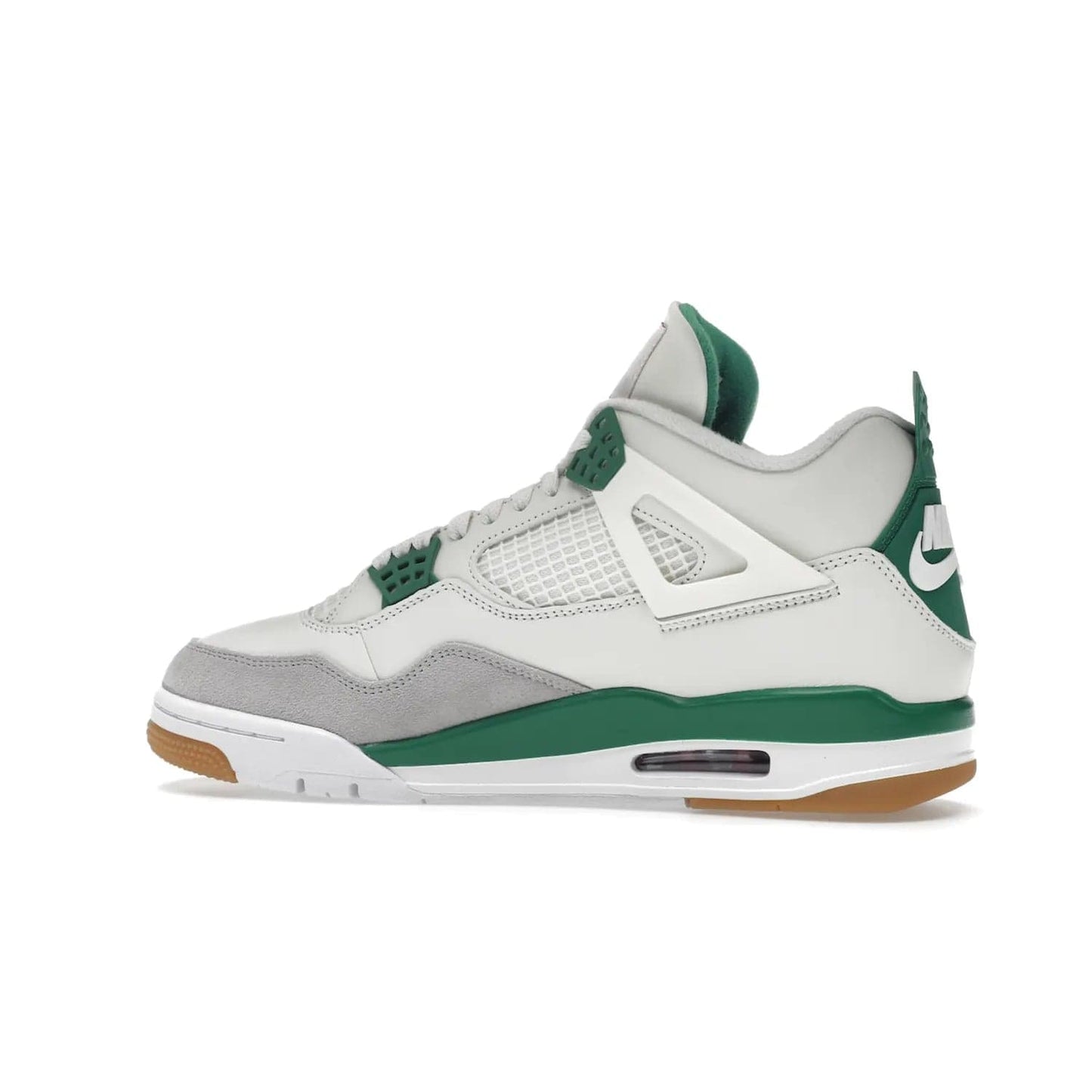 Jordan 4 Retro SB Pine Green - Image 21 - Only at www.BallersClubKickz.com - A white leather upper combined with a Neutral Grey suede mudguard gives this limited Air Jordan 4 Retro SB Pine Green sneaker its unmistakable style. Released March 20, 2023, the Jordan 4 Retro SB features a white and Pine Green midsole plus a red air unit with a gum outsole for grip. The perfect blend of Nike SB skateboarding and Jordan 4 classic design.