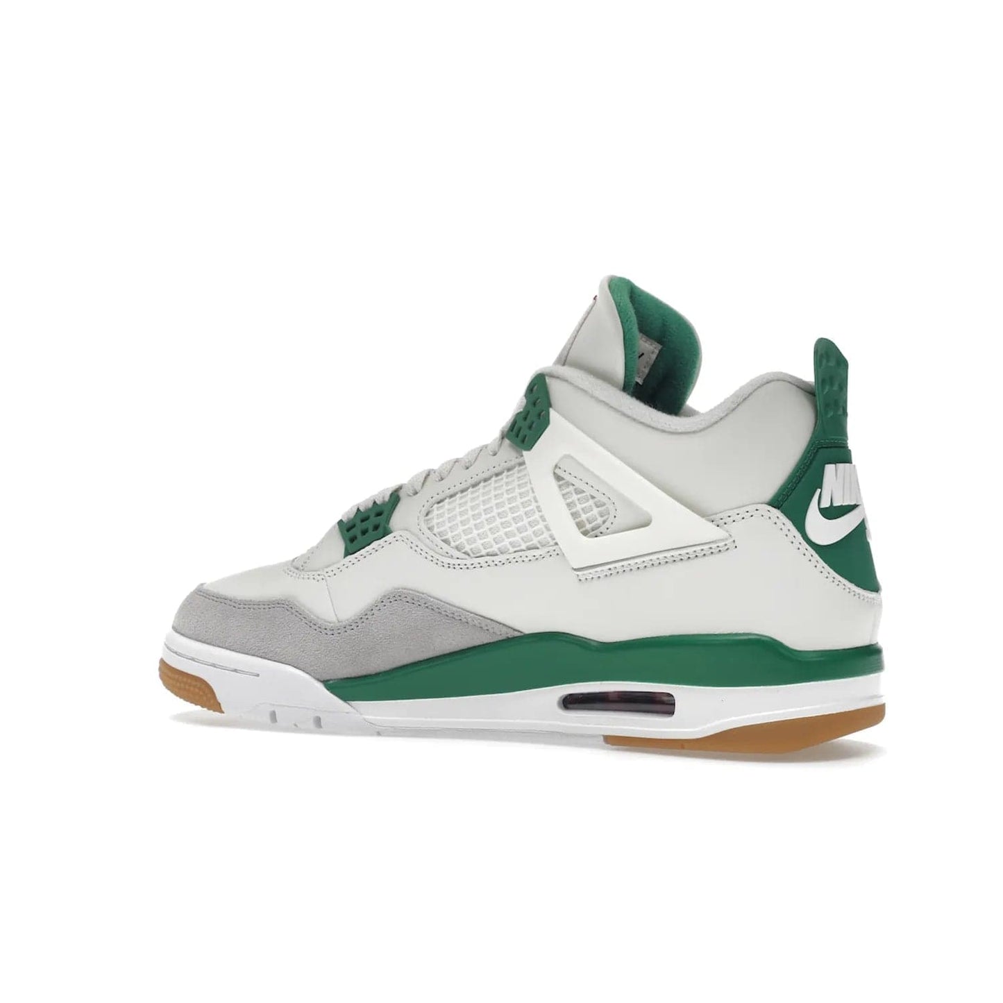 Jordan 4 Retro SB Pine Green - Image 22 - Only at www.BallersClubKickz.com - A white leather upper combined with a Neutral Grey suede mudguard gives this limited Air Jordan 4 Retro SB Pine Green sneaker its unmistakable style. Released March 20, 2023, the Jordan 4 Retro SB features a white and Pine Green midsole plus a red air unit with a gum outsole for grip. The perfect blend of Nike SB skateboarding and Jordan 4 classic design.