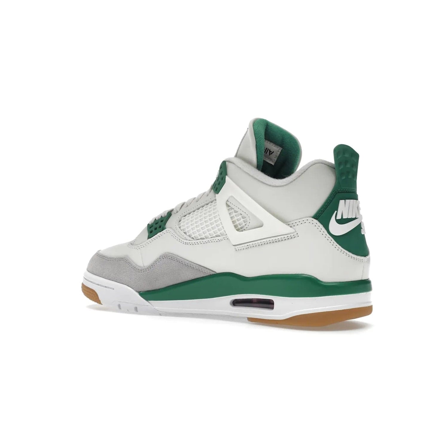 Jordan 4 Retro SB Pine Green - Image 23 - Only at www.BallersClubKickz.com - A white leather upper combined with a Neutral Grey suede mudguard gives this limited Air Jordan 4 Retro SB Pine Green sneaker its unmistakable style. Released March 20, 2023, the Jordan 4 Retro SB features a white and Pine Green midsole plus a red air unit with a gum outsole for grip. The perfect blend of Nike SB skateboarding and Jordan 4 classic design.