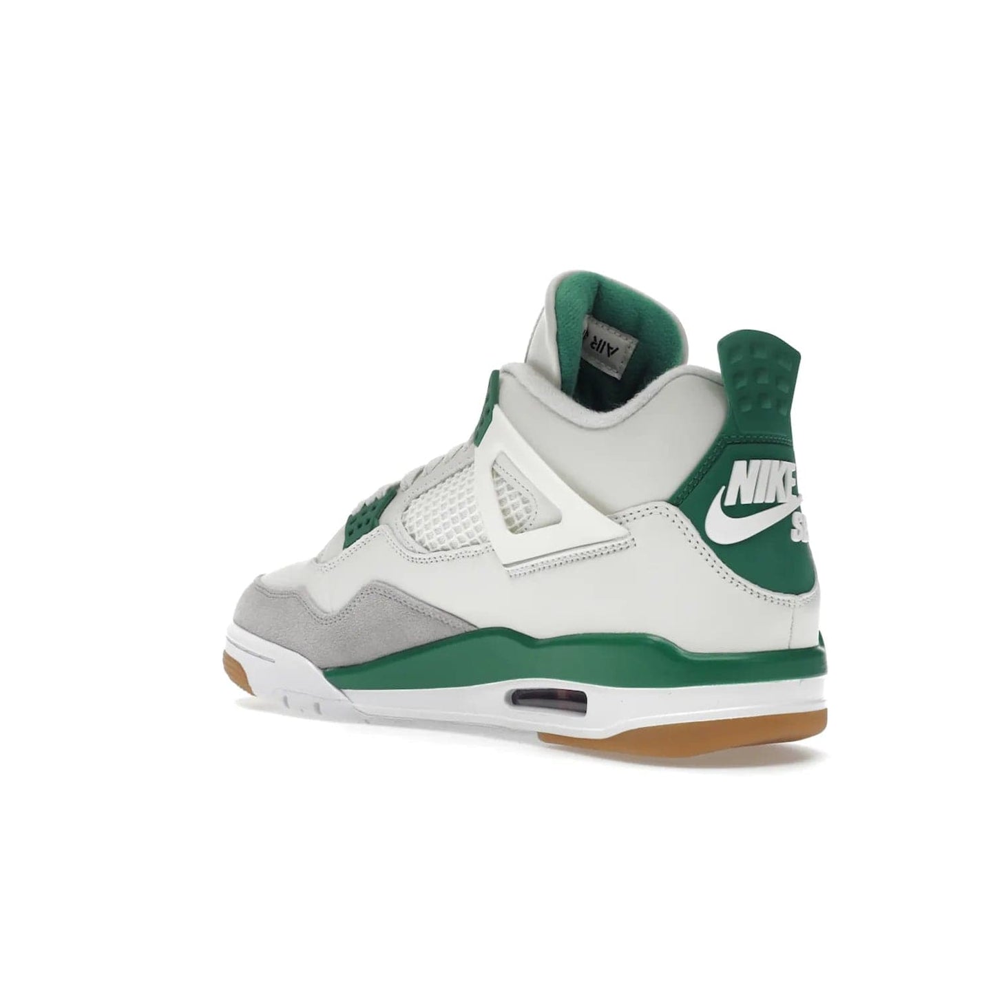 Jordan 4 Retro SB Pine Green - Image 24 - Only at www.BallersClubKickz.com - A white leather upper combined with a Neutral Grey suede mudguard gives this limited Air Jordan 4 Retro SB Pine Green sneaker its unmistakable style. Released March 20, 2023, the Jordan 4 Retro SB features a white and Pine Green midsole plus a red air unit with a gum outsole for grip. The perfect blend of Nike SB skateboarding and Jordan 4 classic design.