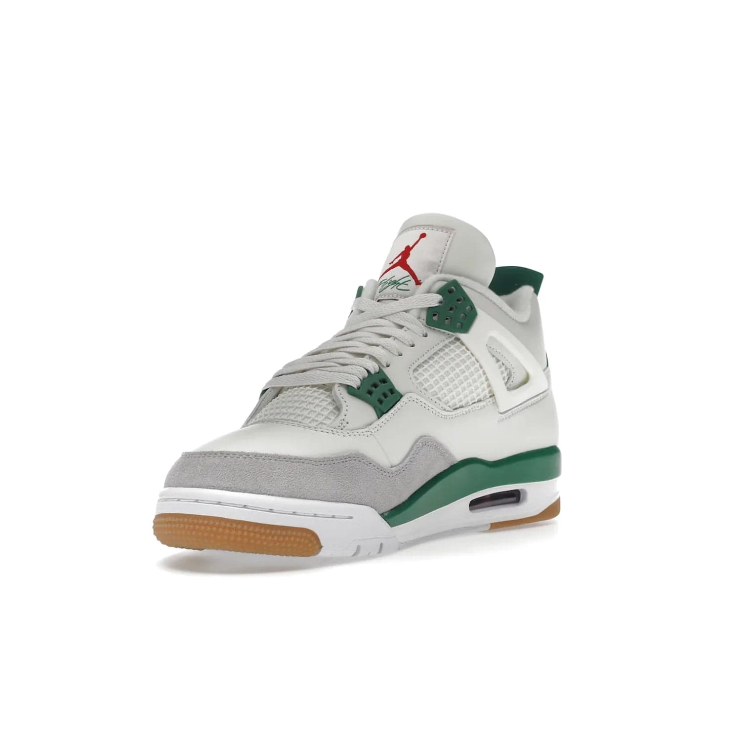 Jordan 4 Retro SB Pine Green - Image 14 - Only at www.BallersClubKickz.com - A white leather upper combined with a Neutral Grey suede mudguard gives this limited Air Jordan 4 Retro SB Pine Green sneaker its unmistakable style. Released March 20, 2023, the Jordan 4 Retro SB features a white and Pine Green midsole plus a red air unit with a gum outsole for grip. The perfect blend of Nike SB skateboarding and Jordan 4 classic design.