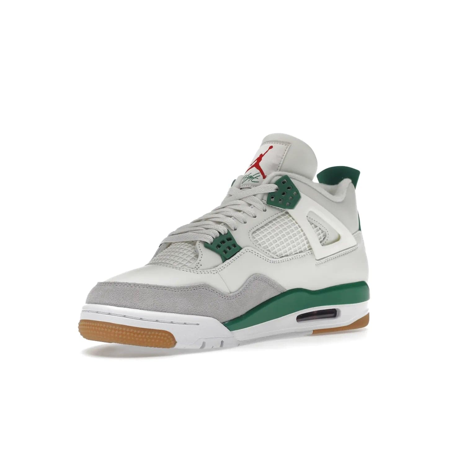 Jordan 4 Retro SB Pine Green - Image 15 - Only at www.BallersClubKickz.com - A white leather upper combined with a Neutral Grey suede mudguard gives this limited Air Jordan 4 Retro SB Pine Green sneaker its unmistakable style. Released March 20, 2023, the Jordan 4 Retro SB features a white and Pine Green midsole plus a red air unit with a gum outsole for grip. The perfect blend of Nike SB skateboarding and Jordan 4 classic design.