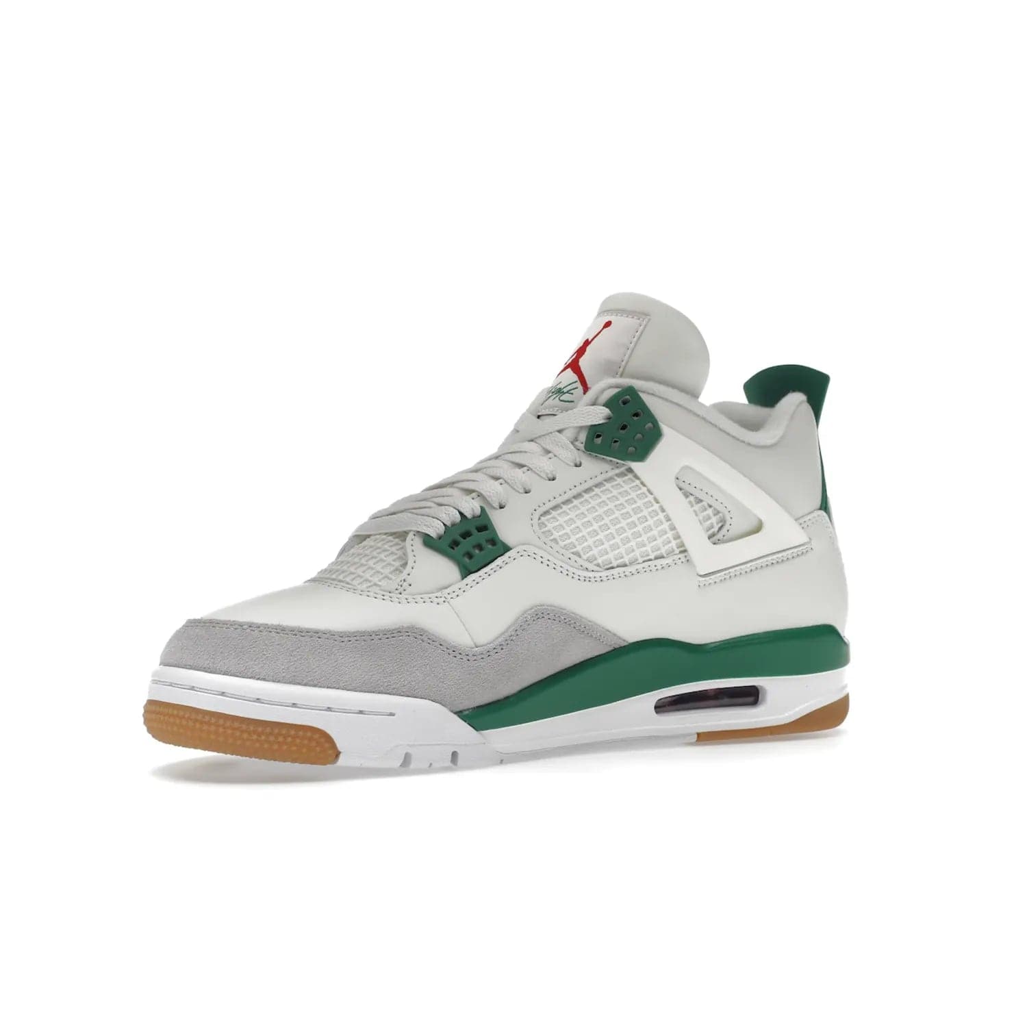 Jordan 4 Retro SB Pine Green - Image 16 - Only at www.BallersClubKickz.com - A white leather upper combined with a Neutral Grey suede mudguard gives this limited Air Jordan 4 Retro SB Pine Green sneaker its unmistakable style. Released March 20, 2023, the Jordan 4 Retro SB features a white and Pine Green midsole plus a red air unit with a gum outsole for grip. The perfect blend of Nike SB skateboarding and Jordan 4 classic design.