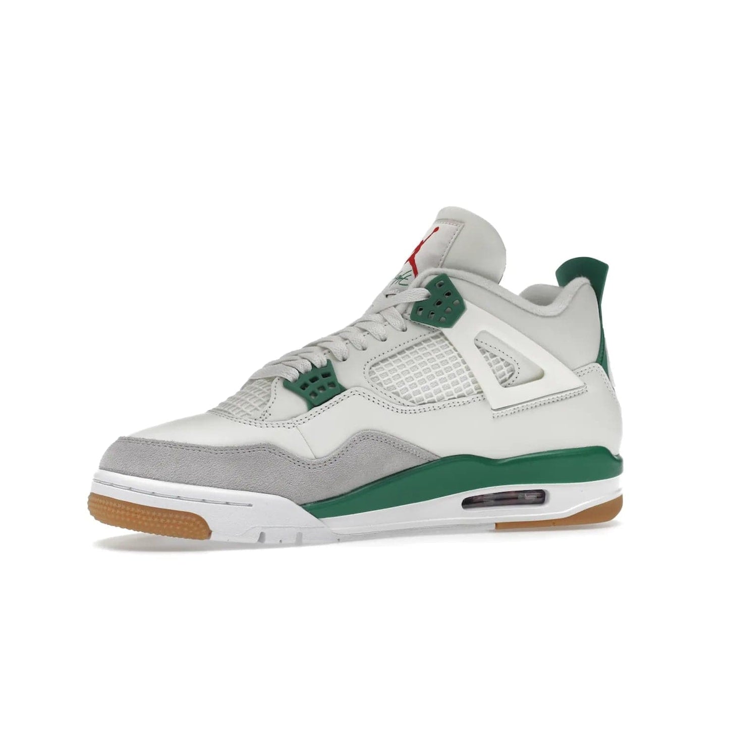 Jordan 4 Retro SB Pine Green - Image 17 - Only at www.BallersClubKickz.com - A white leather upper combined with a Neutral Grey suede mudguard gives this limited Air Jordan 4 Retro SB Pine Green sneaker its unmistakable style. Released March 20, 2023, the Jordan 4 Retro SB features a white and Pine Green midsole plus a red air unit with a gum outsole for grip. The perfect blend of Nike SB skateboarding and Jordan 4 classic design.