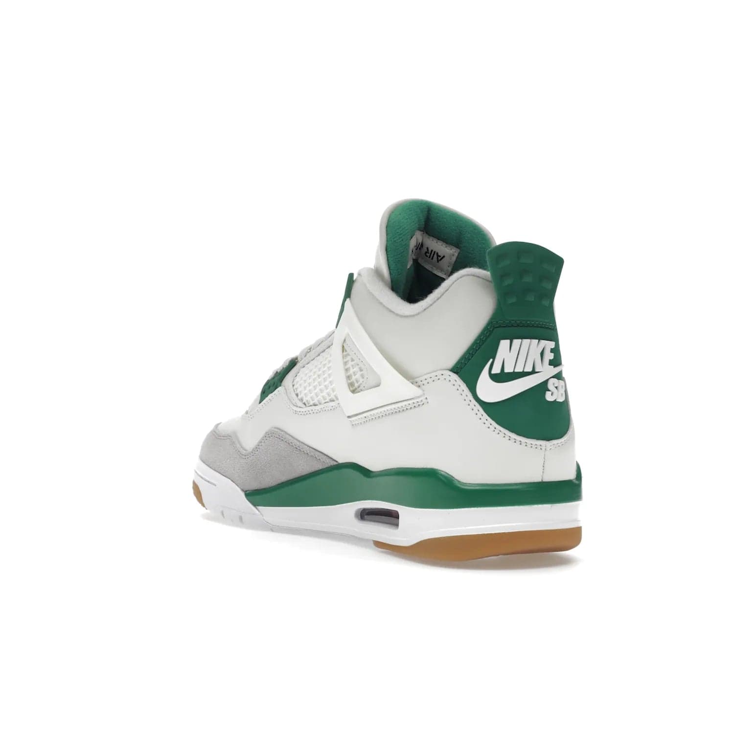 Jordan 4 Retro SB Pine Green - Image 25 - Only at www.BallersClubKickz.com - A white leather upper combined with a Neutral Grey suede mudguard gives this limited Air Jordan 4 Retro SB Pine Green sneaker its unmistakable style. Released March 20, 2023, the Jordan 4 Retro SB features a white and Pine Green midsole plus a red air unit with a gum outsole for grip. The perfect blend of Nike SB skateboarding and Jordan 4 classic design.