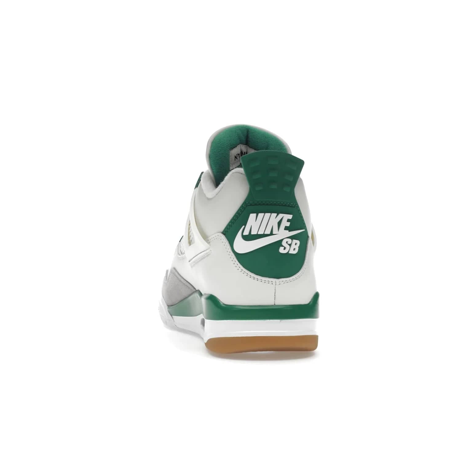 Jordan 4 Retro SB Pine Green - Image 27 - Only at www.BallersClubKickz.com - A white leather upper combined with a Neutral Grey suede mudguard gives this limited Air Jordan 4 Retro SB Pine Green sneaker its unmistakable style. Released March 20, 2023, the Jordan 4 Retro SB features a white and Pine Green midsole plus a red air unit with a gum outsole for grip. The perfect blend of Nike SB skateboarding and Jordan 4 classic design.