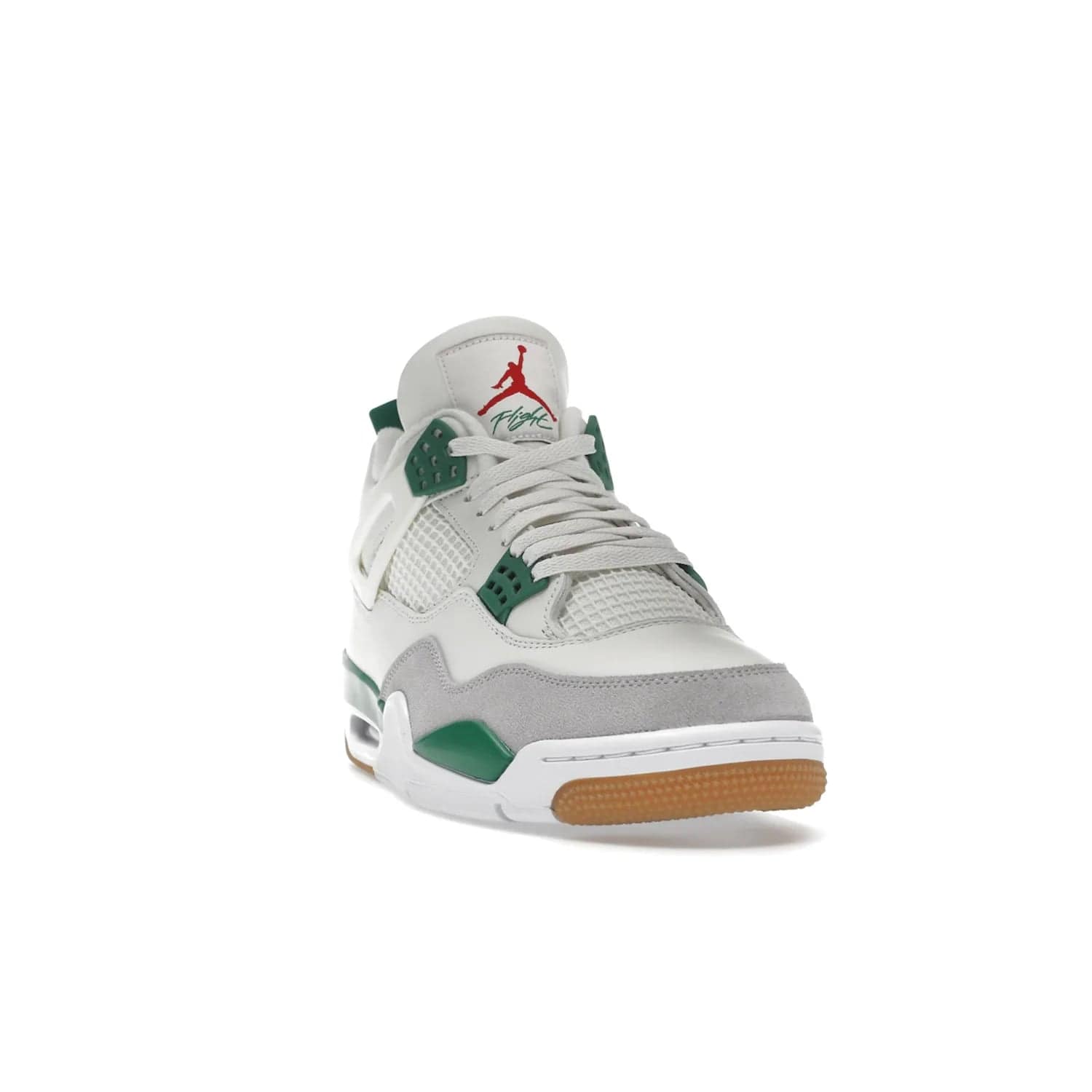 Jordan 4 Retro SB Pine Green - Image 8 - Only at www.BallersClubKickz.com - A white leather upper combined with a Neutral Grey suede mudguard gives this limited Air Jordan 4 Retro SB Pine Green sneaker its unmistakable style. Released March 20, 2023, the Jordan 4 Retro SB features a white and Pine Green midsole plus a red air unit with a gum outsole for grip. The perfect blend of Nike SB skateboarding and Jordan 4 classic design.