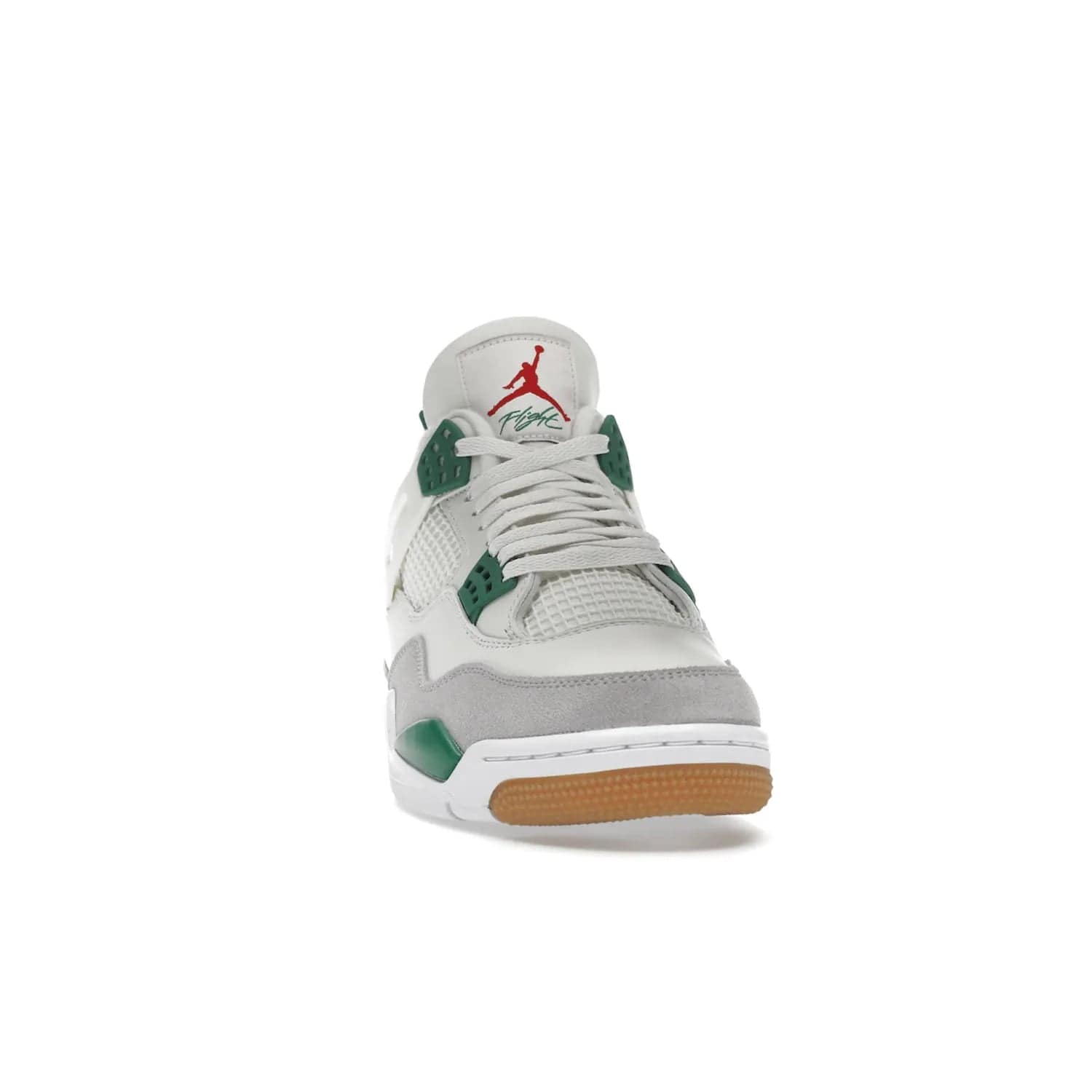 Jordan 4 Retro SB Pine Green - Image 9 - Only at www.BallersClubKickz.com - A white leather upper combined with a Neutral Grey suede mudguard gives this limited Air Jordan 4 Retro SB Pine Green sneaker its unmistakable style. Released March 20, 2023, the Jordan 4 Retro SB features a white and Pine Green midsole plus a red air unit with a gum outsole for grip. The perfect blend of Nike SB skateboarding and Jordan 4 classic design.