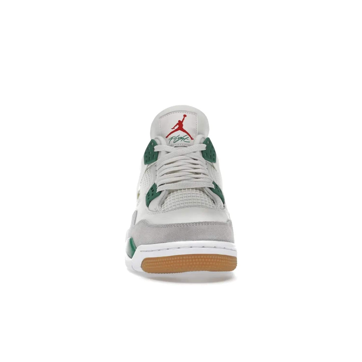 Jordan 4 Retro SB Pine Green - Image 10 - Only at www.BallersClubKickz.com - A white leather upper combined with a Neutral Grey suede mudguard gives this limited Air Jordan 4 Retro SB Pine Green sneaker its unmistakable style. Released March 20, 2023, the Jordan 4 Retro SB features a white and Pine Green midsole plus a red air unit with a gum outsole for grip. The perfect blend of Nike SB skateboarding and Jordan 4 classic design.