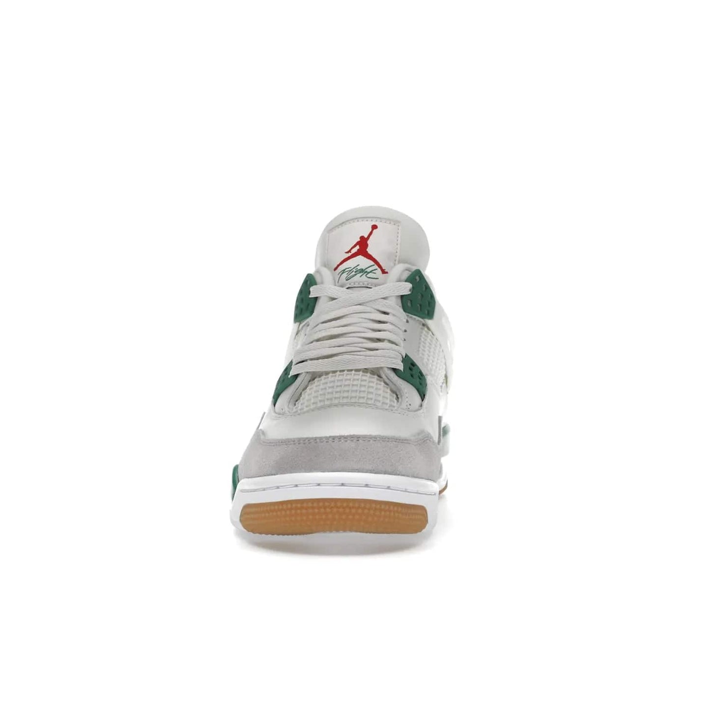 Jordan 4 Retro SB Pine Green - Image 11 - Only at www.BallersClubKickz.com - A white leather upper combined with a Neutral Grey suede mudguard gives this limited Air Jordan 4 Retro SB Pine Green sneaker its unmistakable style. Released March 20, 2023, the Jordan 4 Retro SB features a white and Pine Green midsole plus a red air unit with a gum outsole for grip. The perfect blend of Nike SB skateboarding and Jordan 4 classic design.