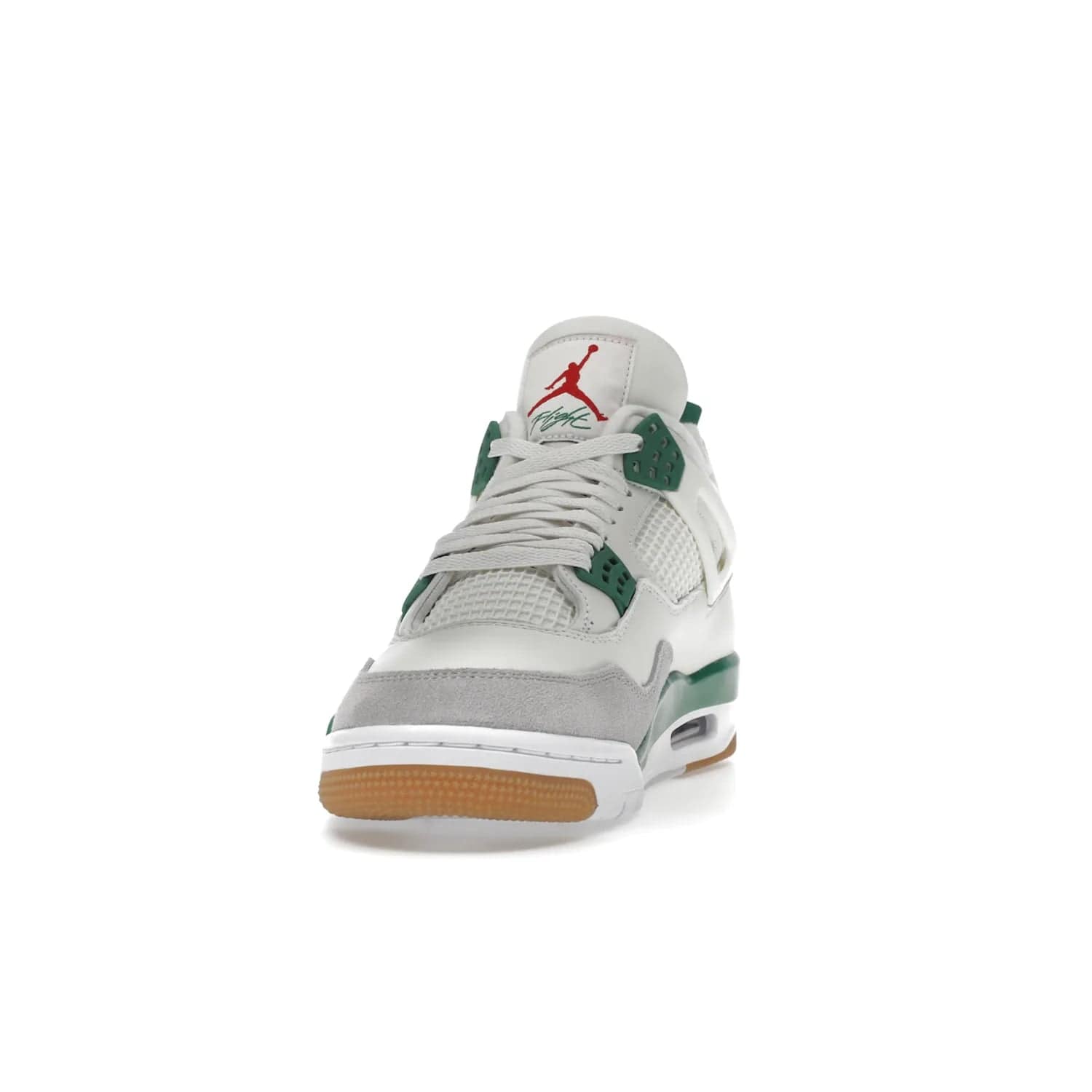 Jordan 4 Retro SB Pine Green - Image 12 - Only at www.BallersClubKickz.com - A white leather upper combined with a Neutral Grey suede mudguard gives this limited Air Jordan 4 Retro SB Pine Green sneaker its unmistakable style. Released March 20, 2023, the Jordan 4 Retro SB features a white and Pine Green midsole plus a red air unit with a gum outsole for grip. The perfect blend of Nike SB skateboarding and Jordan 4 classic design.