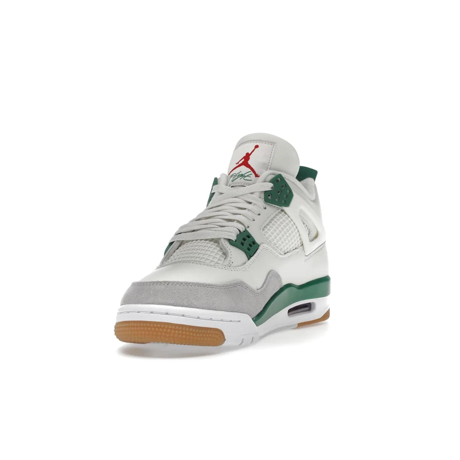 Jordan 4 Retro SB Pine Green - Image 13 - Only at www.BallersClubKickz.com - A white leather upper combined with a Neutral Grey suede mudguard gives this limited Air Jordan 4 Retro SB Pine Green sneaker its unmistakable style. Released March 20, 2023, the Jordan 4 Retro SB features a white and Pine Green midsole plus a red air unit with a gum outsole for grip. The perfect blend of Nike SB skateboarding and Jordan 4 classic design.