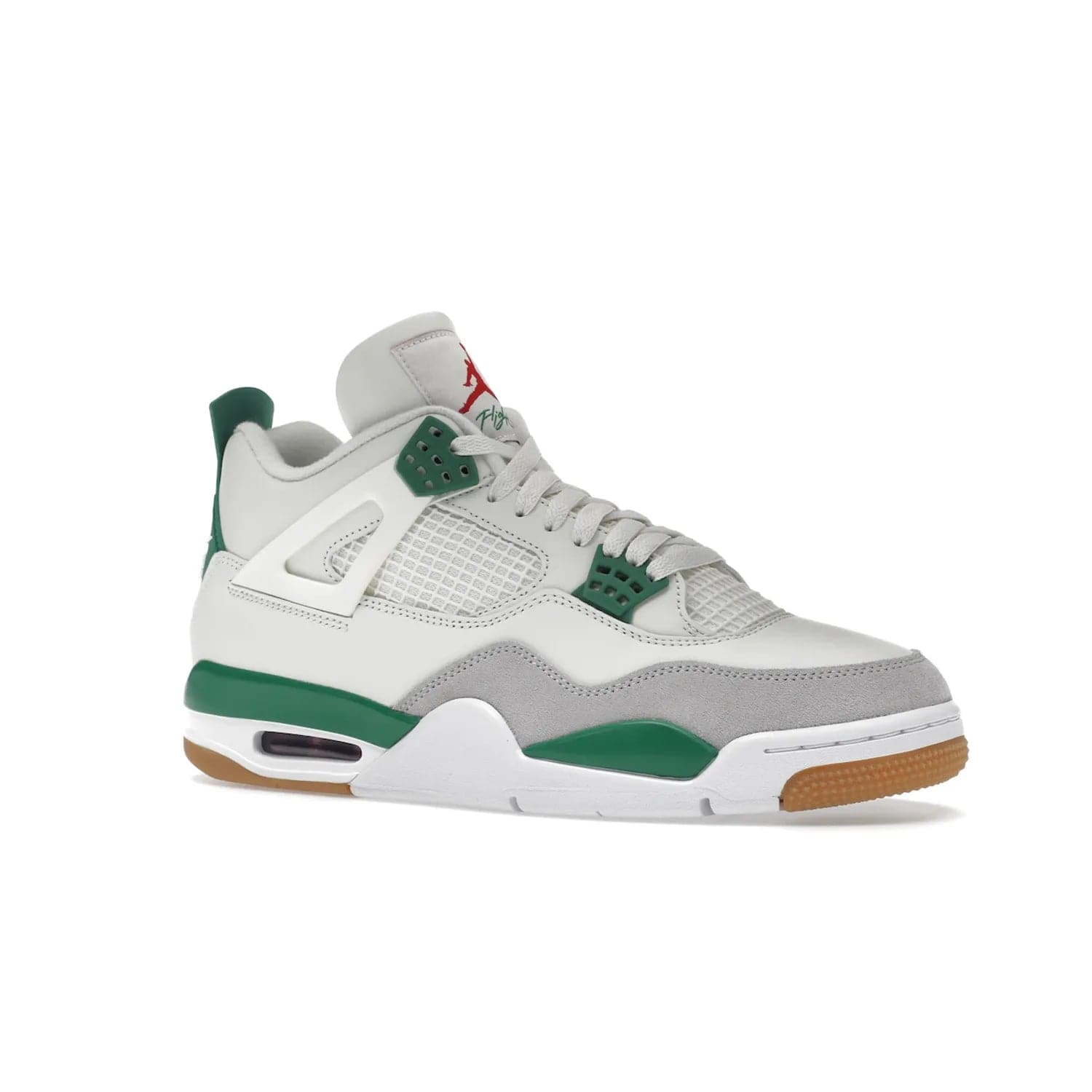 Jordan 4 Retro SB Pine Green - Image 4 - Only at www.BallersClubKickz.com - A white leather upper combined with a Neutral Grey suede mudguard gives this limited Air Jordan 4 Retro SB Pine Green sneaker its unmistakable style. Released March 20, 2023, the Jordan 4 Retro SB features a white and Pine Green midsole plus a red air unit with a gum outsole for grip. The perfect blend of Nike SB skateboarding and Jordan 4 classic design.