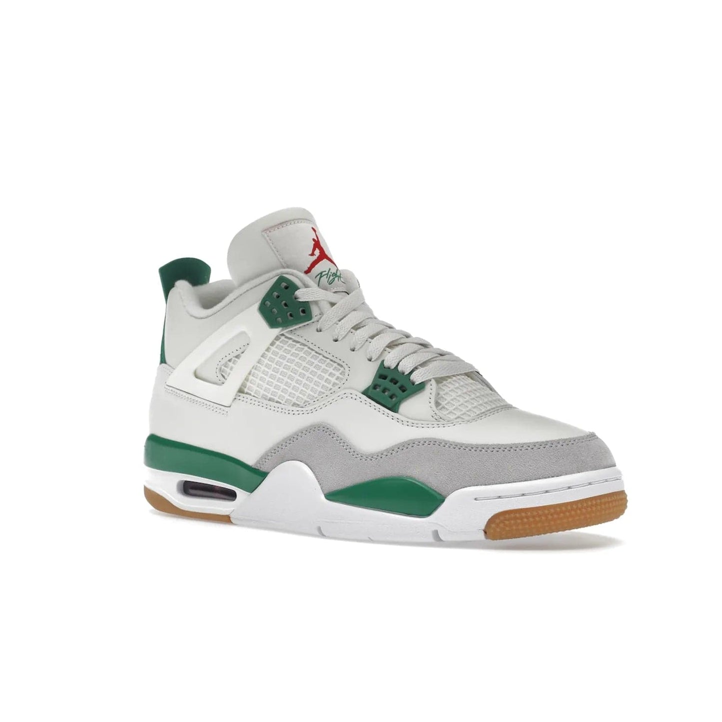 Jordan 4 Retro SB Pine Green - Image 5 - Only at www.BallersClubKickz.com - A white leather upper combined with a Neutral Grey suede mudguard gives this limited Air Jordan 4 Retro SB Pine Green sneaker its unmistakable style. Released March 20, 2023, the Jordan 4 Retro SB features a white and Pine Green midsole plus a red air unit with a gum outsole for grip. The perfect blend of Nike SB skateboarding and Jordan 4 classic design.