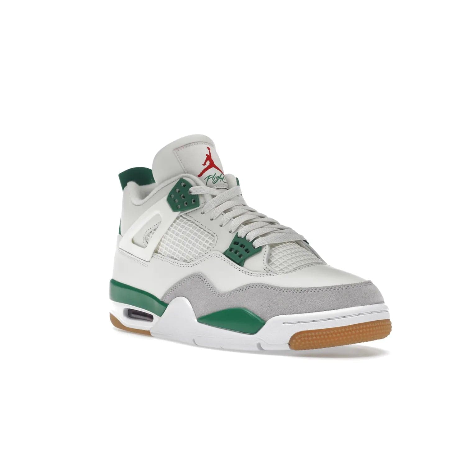 Jordan 4 Retro SB Pine Green - Image 6 - Only at www.BallersClubKickz.com - A white leather upper combined with a Neutral Grey suede mudguard gives this limited Air Jordan 4 Retro SB Pine Green sneaker its unmistakable style. Released March 20, 2023, the Jordan 4 Retro SB features a white and Pine Green midsole plus a red air unit with a gum outsole for grip. The perfect blend of Nike SB skateboarding and Jordan 4 classic design.