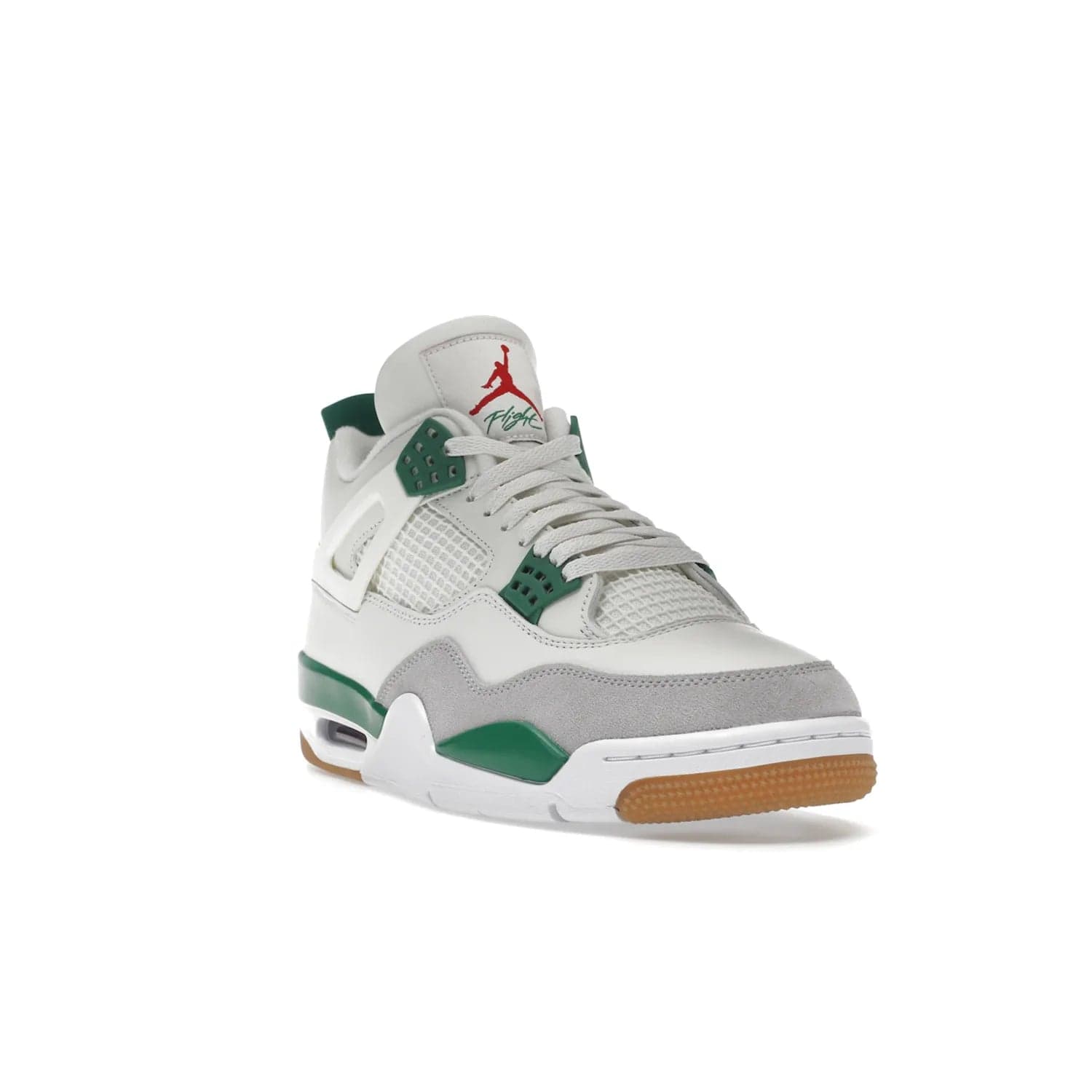Jordan 4 Retro SB Pine Green - Image 7 - Only at www.BallersClubKickz.com - A white leather upper combined with a Neutral Grey suede mudguard gives this limited Air Jordan 4 Retro SB Pine Green sneaker its unmistakable style. Released March 20, 2023, the Jordan 4 Retro SB features a white and Pine Green midsole plus a red air unit with a gum outsole for grip. The perfect blend of Nike SB skateboarding and Jordan 4 classic design.