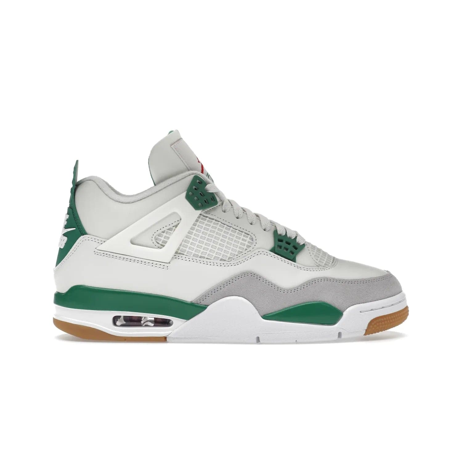 Jordan 4 Retro SB Pine Green - Image 1 - Only at www.BallersClubKickz.com - A white leather upper combined with a Neutral Grey suede mudguard gives this limited Air Jordan 4 Retro SB Pine Green sneaker its unmistakable style. Released March 20, 2023, the Jordan 4 Retro SB features a white and Pine Green midsole plus a red air unit with a gum outsole for grip. The perfect blend of Nike SB skateboarding and Jordan 4 classic design.