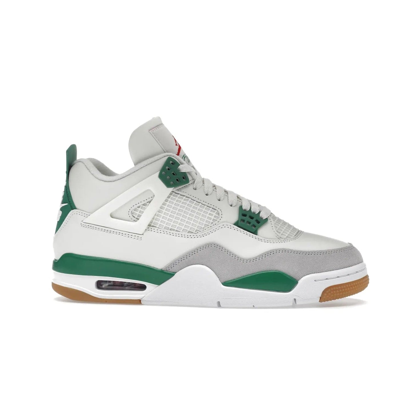 Jordan 4 Retro SB Pine Green - Image 2 - Only at www.BallersClubKickz.com - A white leather upper combined with a Neutral Grey suede mudguard gives this limited Air Jordan 4 Retro SB Pine Green sneaker its unmistakable style. Released March 20, 2023, the Jordan 4 Retro SB features a white and Pine Green midsole plus a red air unit with a gum outsole for grip. The perfect blend of Nike SB skateboarding and Jordan 4 classic design.
