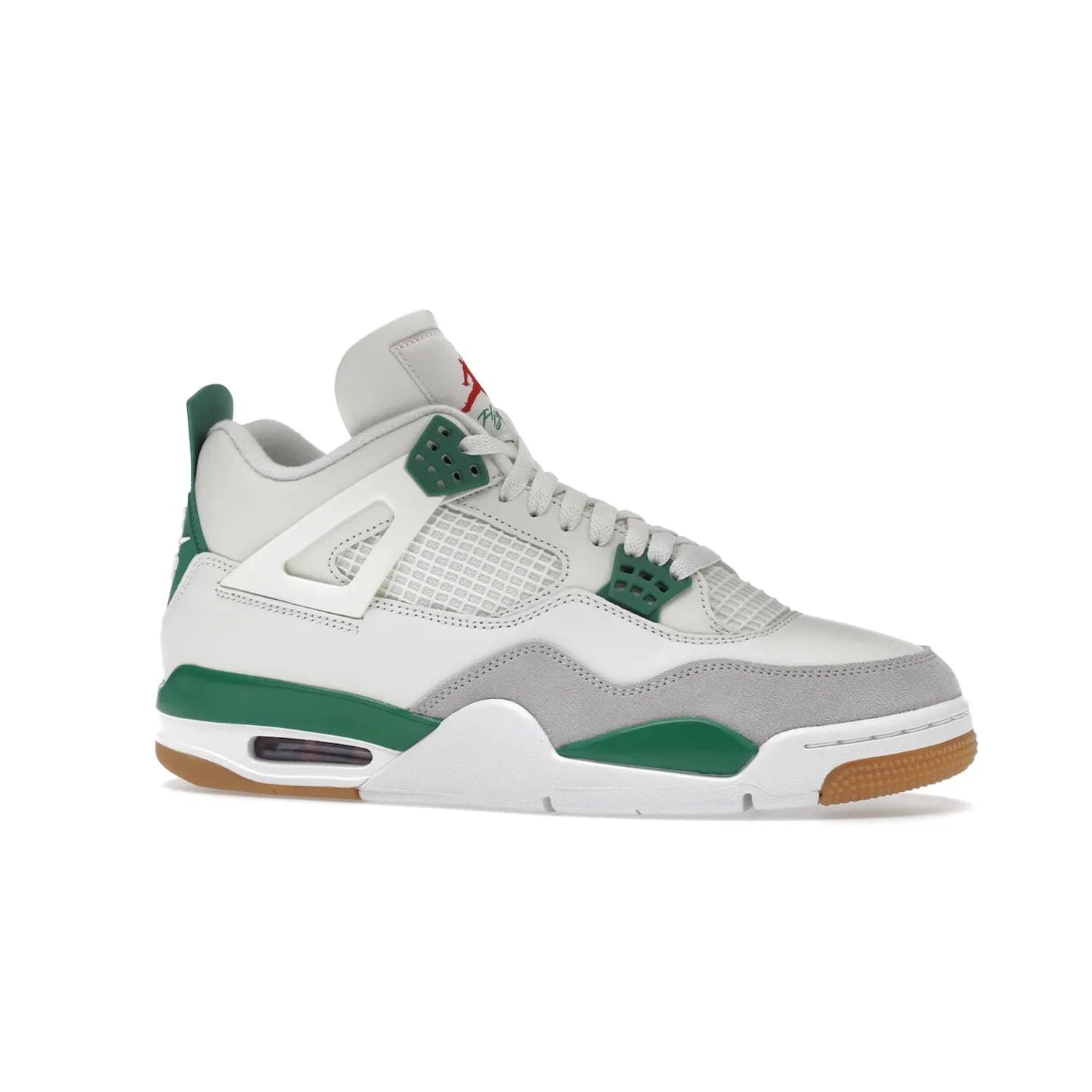 Jordan 4 Retro SB Pine Green - Image 3 - Only at www.BallersClubKickz.com - A white leather upper combined with a Neutral Grey suede mudguard gives this limited Air Jordan 4 Retro SB Pine Green sneaker its unmistakable style. Released March 20, 2023, the Jordan 4 Retro SB features a white and Pine Green midsole plus a red air unit with a gum outsole for grip. The perfect blend of Nike SB skateboarding and Jordan 4 classic design.