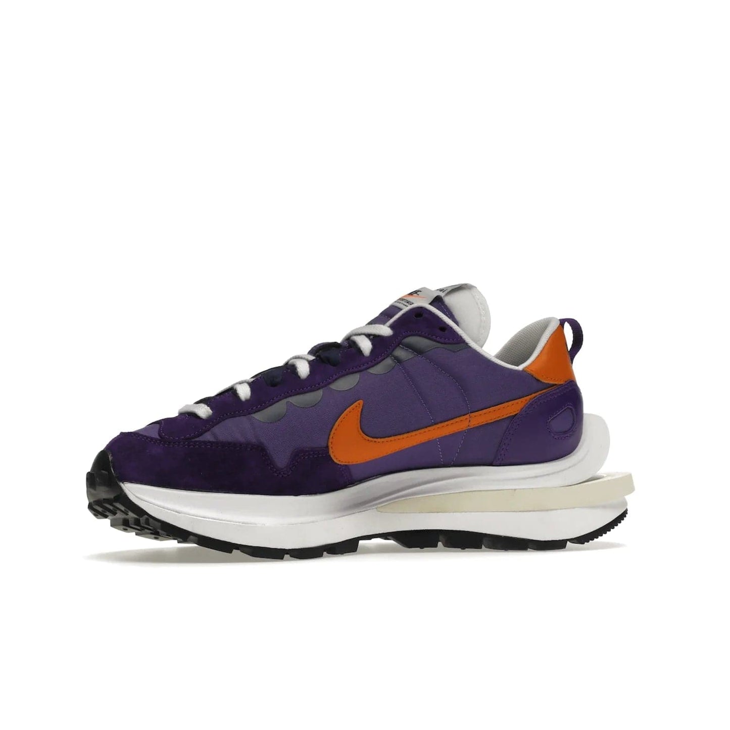 Nike Vaporwaffle sacai Dark Iris - Image 17 - Only at www.BallersClubKickz.com - Unique Nike Vaporwaffle sacai Dark Iris collab. Suede, leather & textile upper with Orange accents. Dual tongues & midsoles. Woven labels & heel tabs branding. Colorway of Purple, Orange, White & Black. Must-have for any wardrobe.