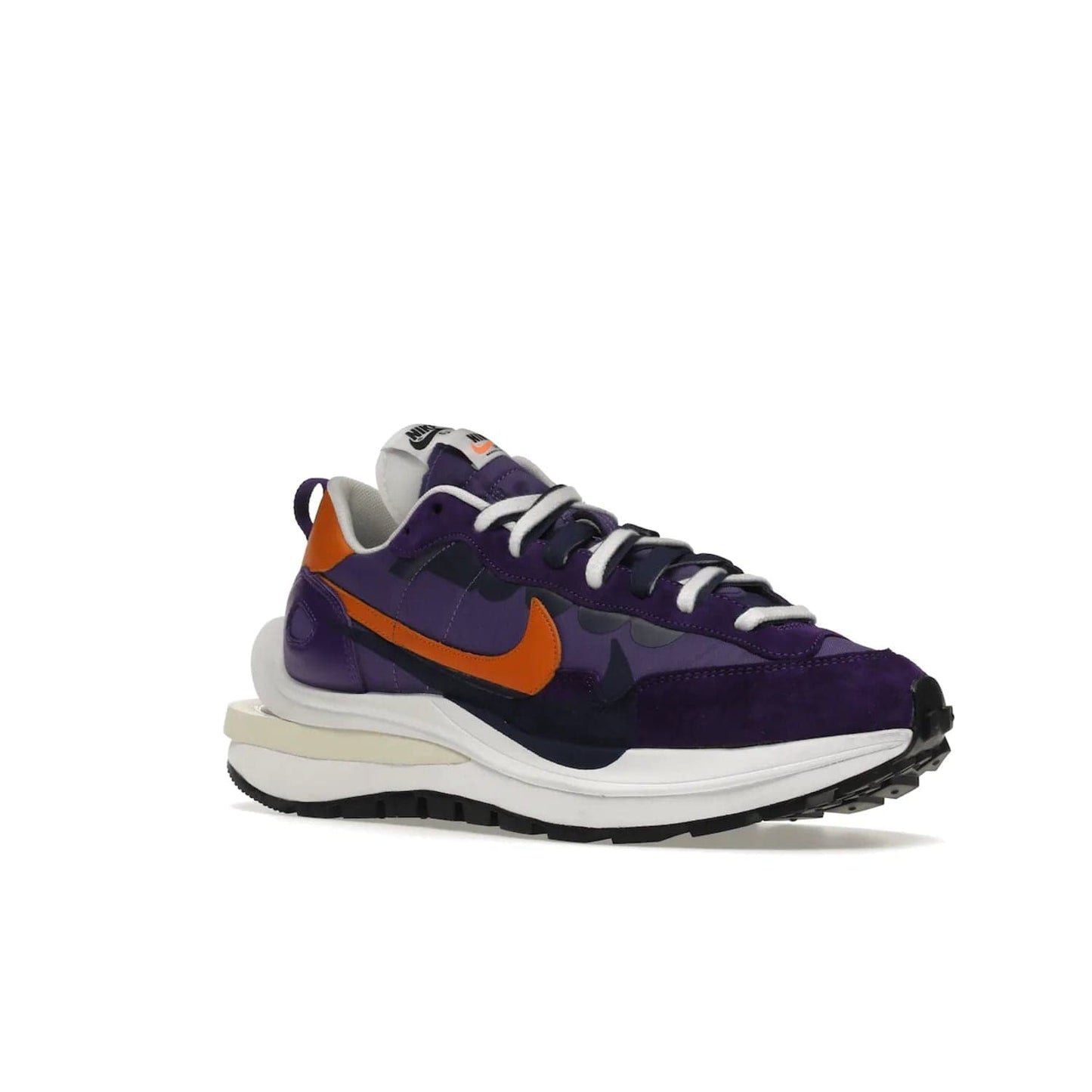 Nike Vaporwaffle sacai Dark Iris - Image 5 - Only at www.BallersClubKickz.com - Unique Nike Vaporwaffle sacai Dark Iris collab. Suede, leather & textile upper with Orange accents. Dual tongues & midsoles. Woven labels & heel tabs branding. Colorway of Purple, Orange, White & Black. Must-have for any wardrobe.