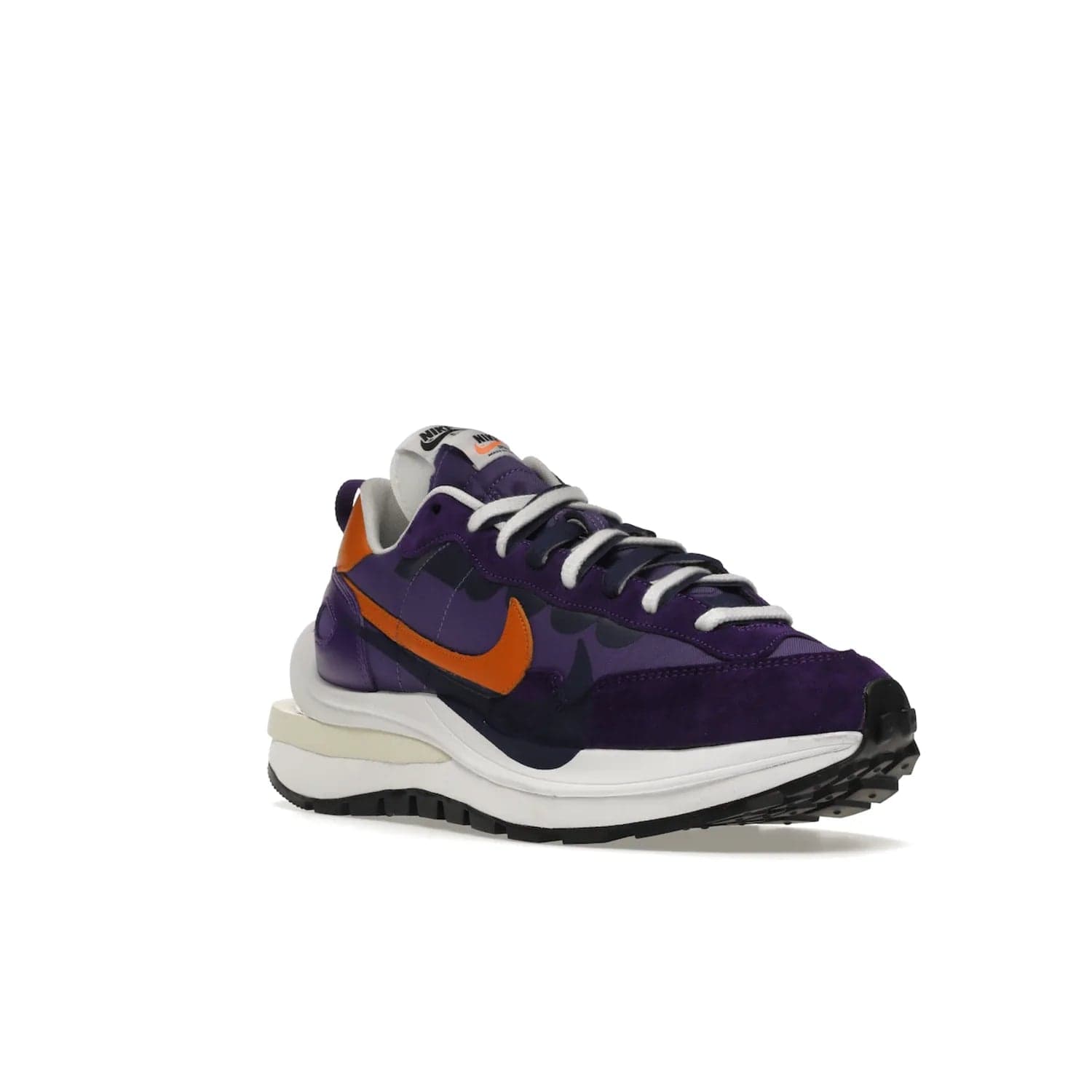 Nike Vaporwaffle sacai Dark Iris - Image 6 - Only at www.BallersClubKickz.com - Unique Nike Vaporwaffle sacai Dark Iris collab. Suede, leather & textile upper with Orange accents. Dual tongues & midsoles. Woven labels & heel tabs branding. Colorway of Purple, Orange, White & Black. Must-have for any wardrobe.