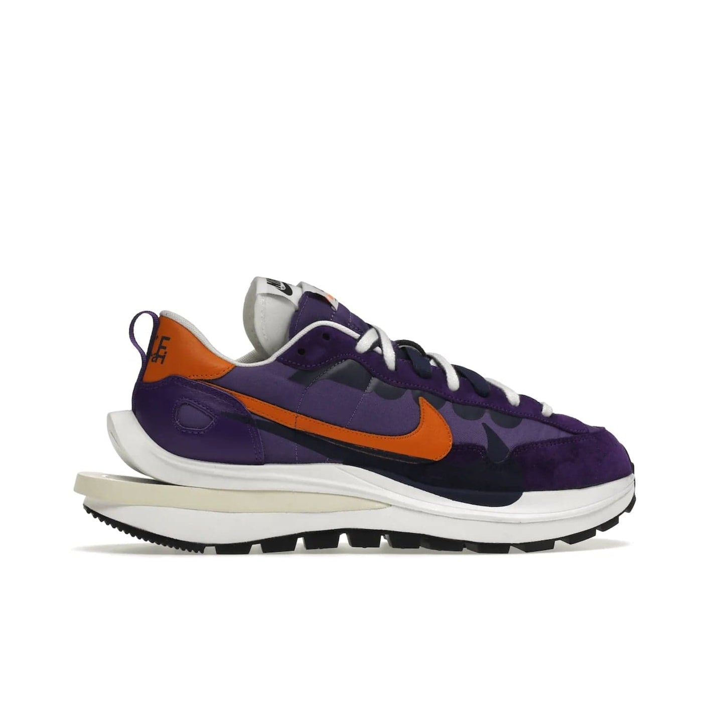 Nike Vaporwaffle sacai Dark Iris - Image 36 - Only at www.BallersClubKickz.com - Unique Nike Vaporwaffle sacai Dark Iris collab. Suede, leather & textile upper with Orange accents. Dual tongues & midsoles. Woven labels & heel tabs branding. Colorway of Purple, Orange, White & Black. Must-have for any wardrobe.
