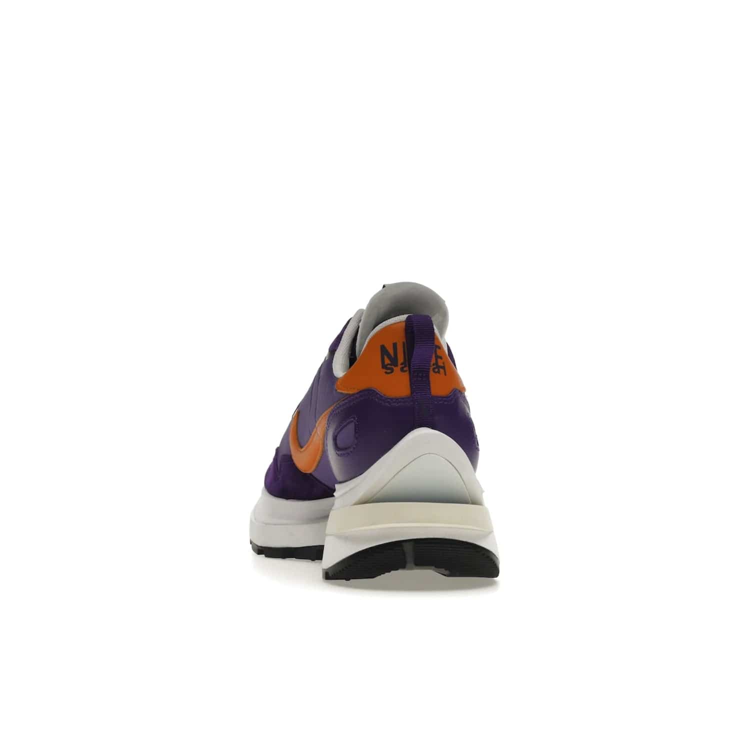 Nike Vaporwaffle sacai Dark Iris - Image 27 - Only at www.BallersClubKickz.com - Unique Nike Vaporwaffle sacai Dark Iris collab. Suede, leather & textile upper with Orange accents. Dual tongues & midsoles. Woven labels & heel tabs branding. Colorway of Purple, Orange, White & Black. Must-have for any wardrobe.