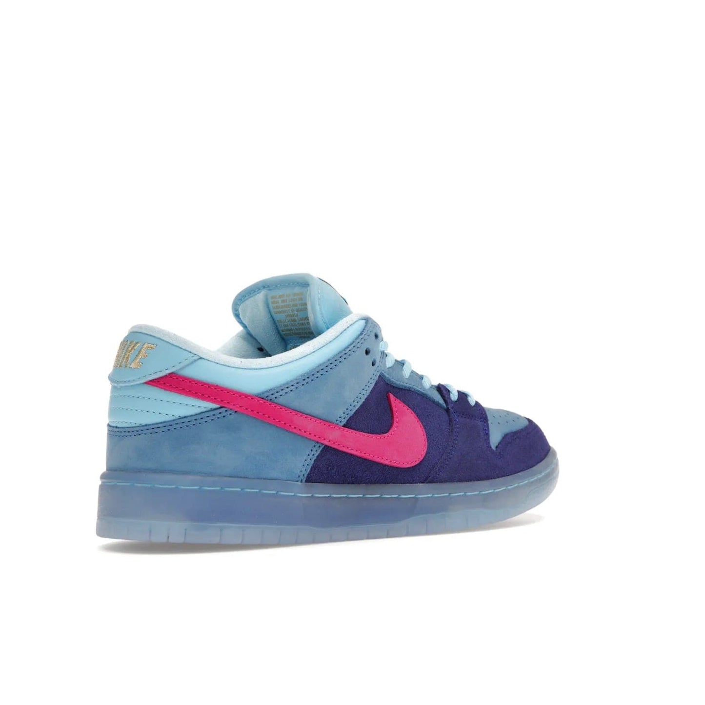 Nike SB Dunk Low Run The Jewels - Image 33 - Only at www.BallersClubKickz.com - The Nike SB Dunk Low Run The Jewels pays tribute to the Run the Jewels 3 album cover. It features a blue suede upper with pink suede accents, gold branding and 3 lace sets. RTJ insoles complete this limited edition sneaker. Get it now for your shoe collection.