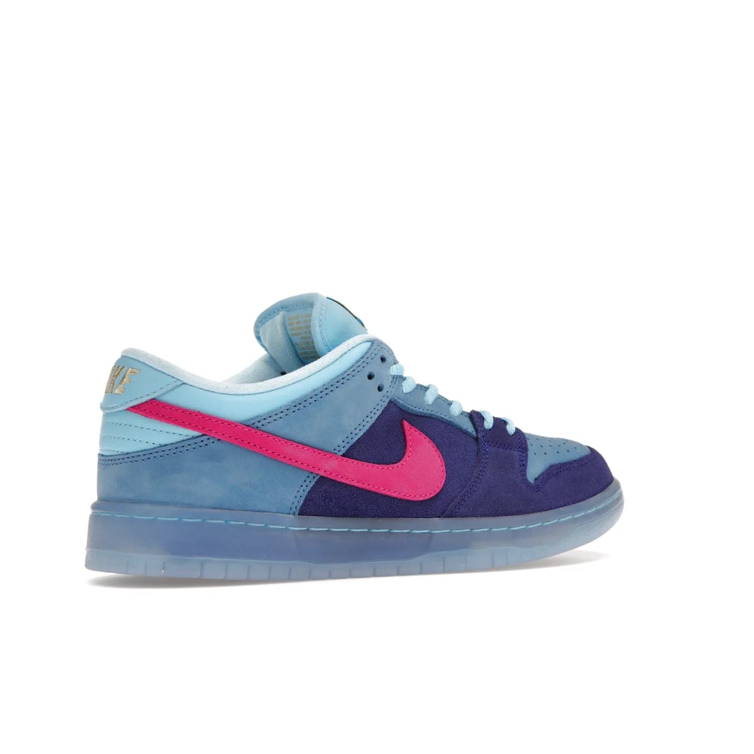Nike SB Dunk Low Run The Jewels - Image 34 - Only at www.BallersClubKickz.com - The Nike SB Dunk Low Run The Jewels pays tribute to the Run the Jewels 3 album cover. It features a blue suede upper with pink suede accents, gold branding and 3 lace sets. RTJ insoles complete this limited edition sneaker. Get it now for your shoe collection.