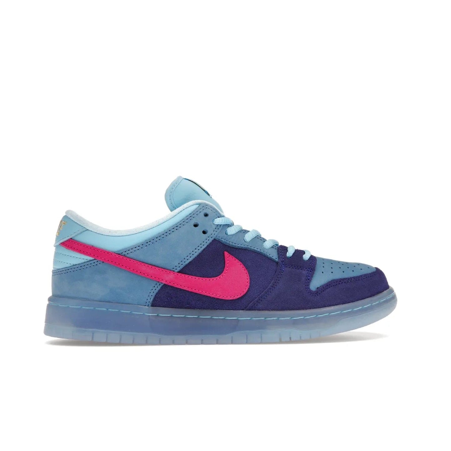 Nike SB Dunk Low Run The Jewels - Image 36 - Only at www.BallersClubKickz.com - The Nike SB Dunk Low Run The Jewels pays tribute to the Run the Jewels 3 album cover. It features a blue suede upper with pink suede accents, gold branding and 3 lace sets. RTJ insoles complete this limited edition sneaker. Get it now for your shoe collection.