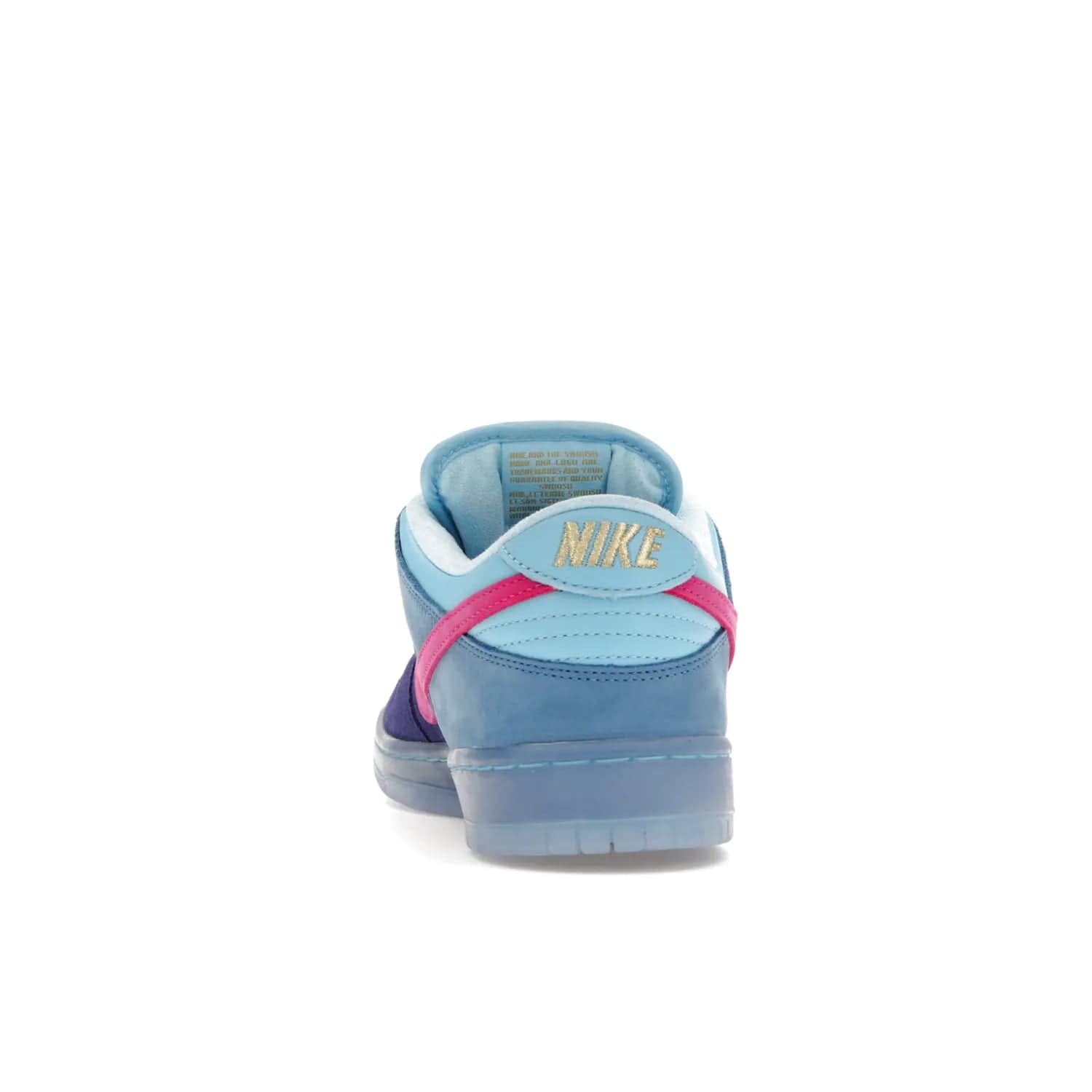 Nike SB Dunk Low Run The Jewels - Image 27 - Only at www.BallersClubKickz.com - The Nike SB Dunk Low Run The Jewels pays tribute to the Run the Jewels 3 album cover. It features a blue suede upper with pink suede accents, gold branding and 3 lace sets. RTJ insoles complete this limited edition sneaker. Get it now for your shoe collection.