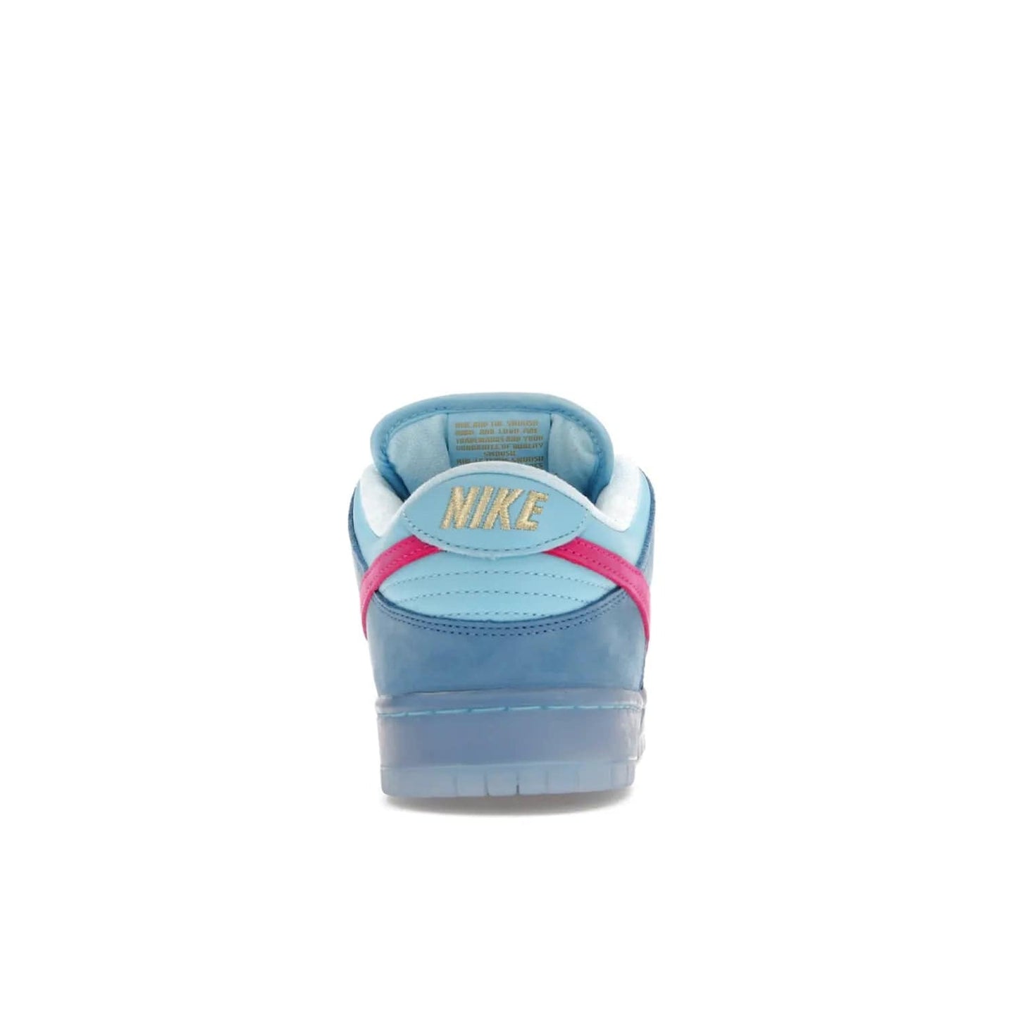 Nike SB Dunk Low Run The Jewels - Image 28 - Only at www.BallersClubKickz.com - The Nike SB Dunk Low Run The Jewels pays tribute to the Run the Jewels 3 album cover. It features a blue suede upper with pink suede accents, gold branding and 3 lace sets. RTJ insoles complete this limited edition sneaker. Get it now for your shoe collection.