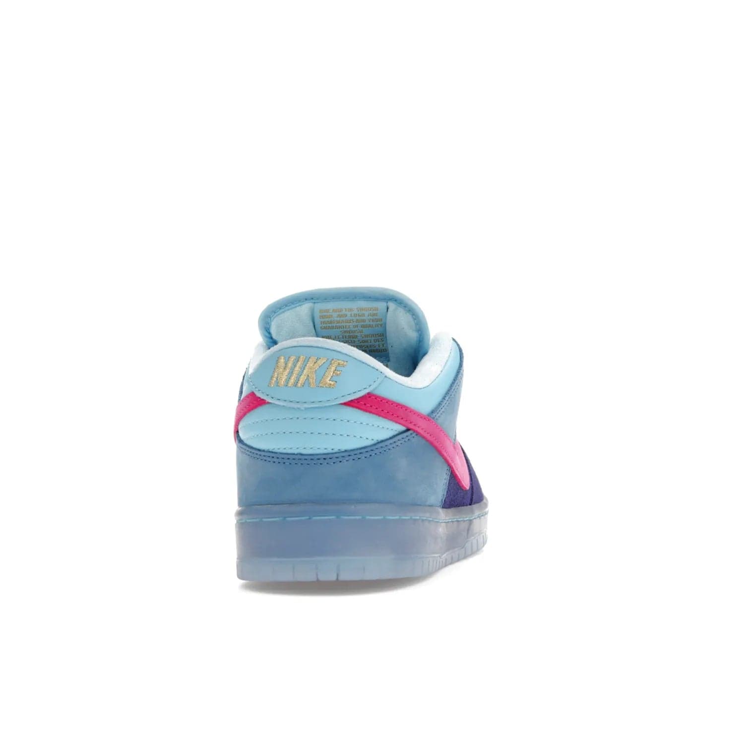 Nike SB Dunk Low Run The Jewels - Image 29 - Only at www.BallersClubKickz.com - The Nike SB Dunk Low Run The Jewels pays tribute to the Run the Jewels 3 album cover. It features a blue suede upper with pink suede accents, gold branding and 3 lace sets. RTJ insoles complete this limited edition sneaker. Get it now for your shoe collection.