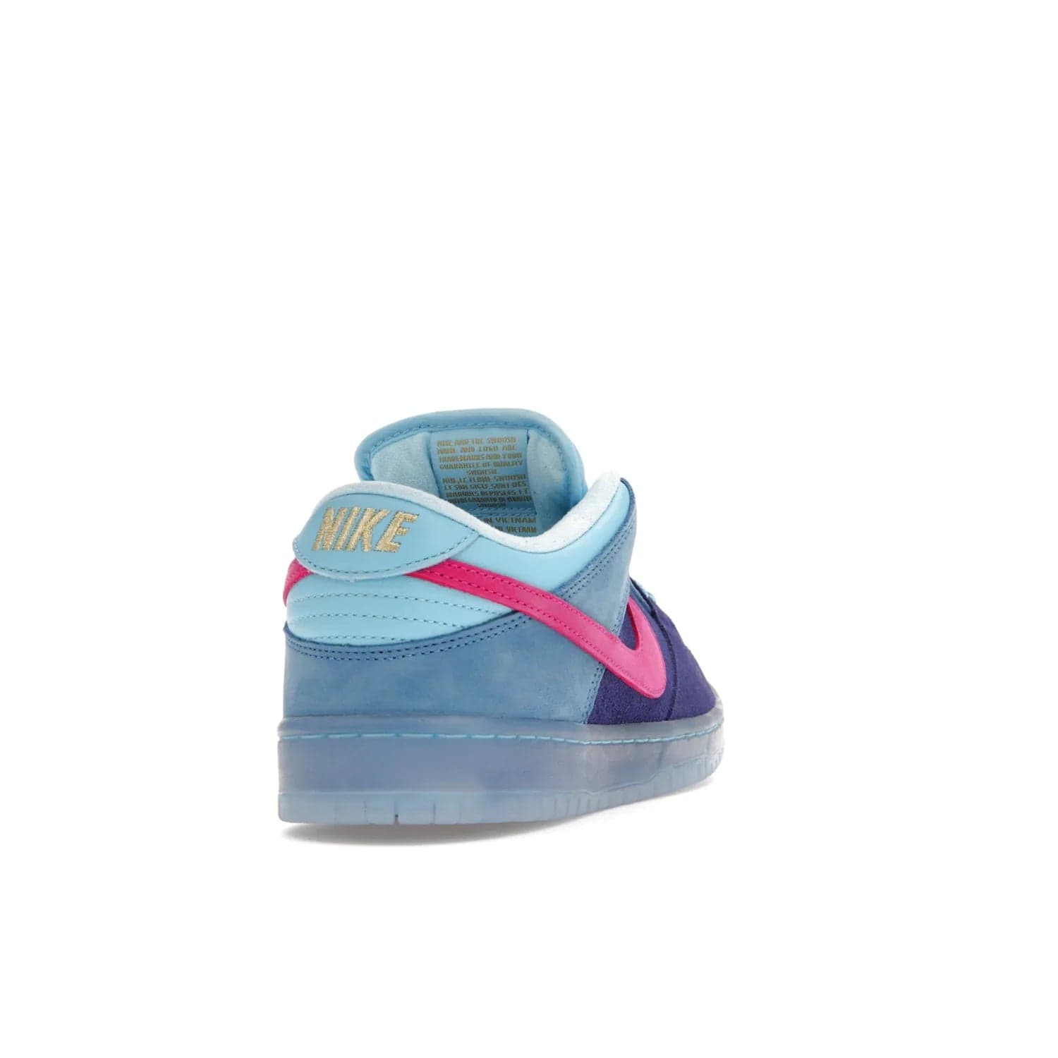 Nike SB Dunk Low Run The Jewels - Image 30 - Only at www.BallersClubKickz.com - The Nike SB Dunk Low Run The Jewels pays tribute to the Run the Jewels 3 album cover. It features a blue suede upper with pink suede accents, gold branding and 3 lace sets. RTJ insoles complete this limited edition sneaker. Get it now for your shoe collection.