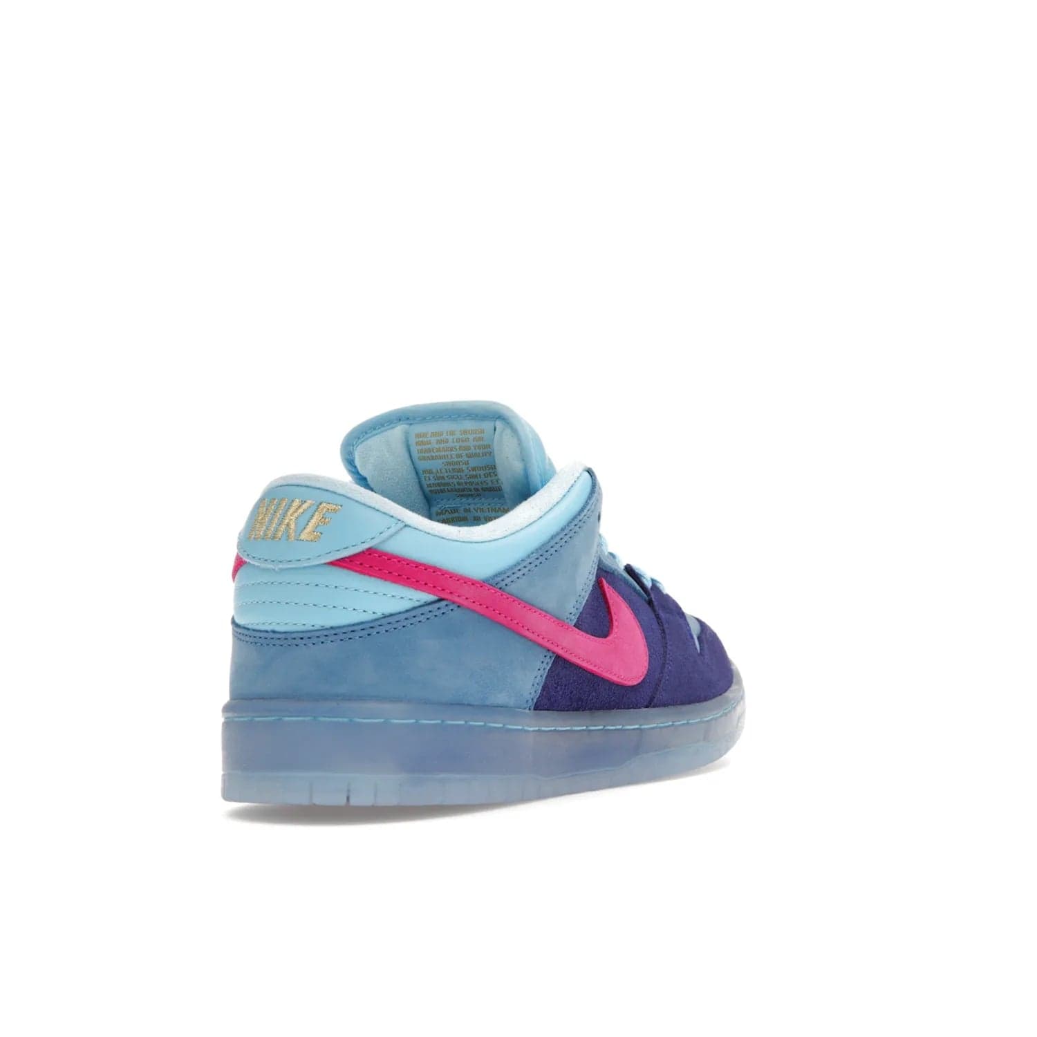 Nike SB Dunk Low Run The Jewels - Image 31 - Only at www.BallersClubKickz.com - The Nike SB Dunk Low Run The Jewels pays tribute to the Run the Jewels 3 album cover. It features a blue suede upper with pink suede accents, gold branding and 3 lace sets. RTJ insoles complete this limited edition sneaker. Get it now for your shoe collection.