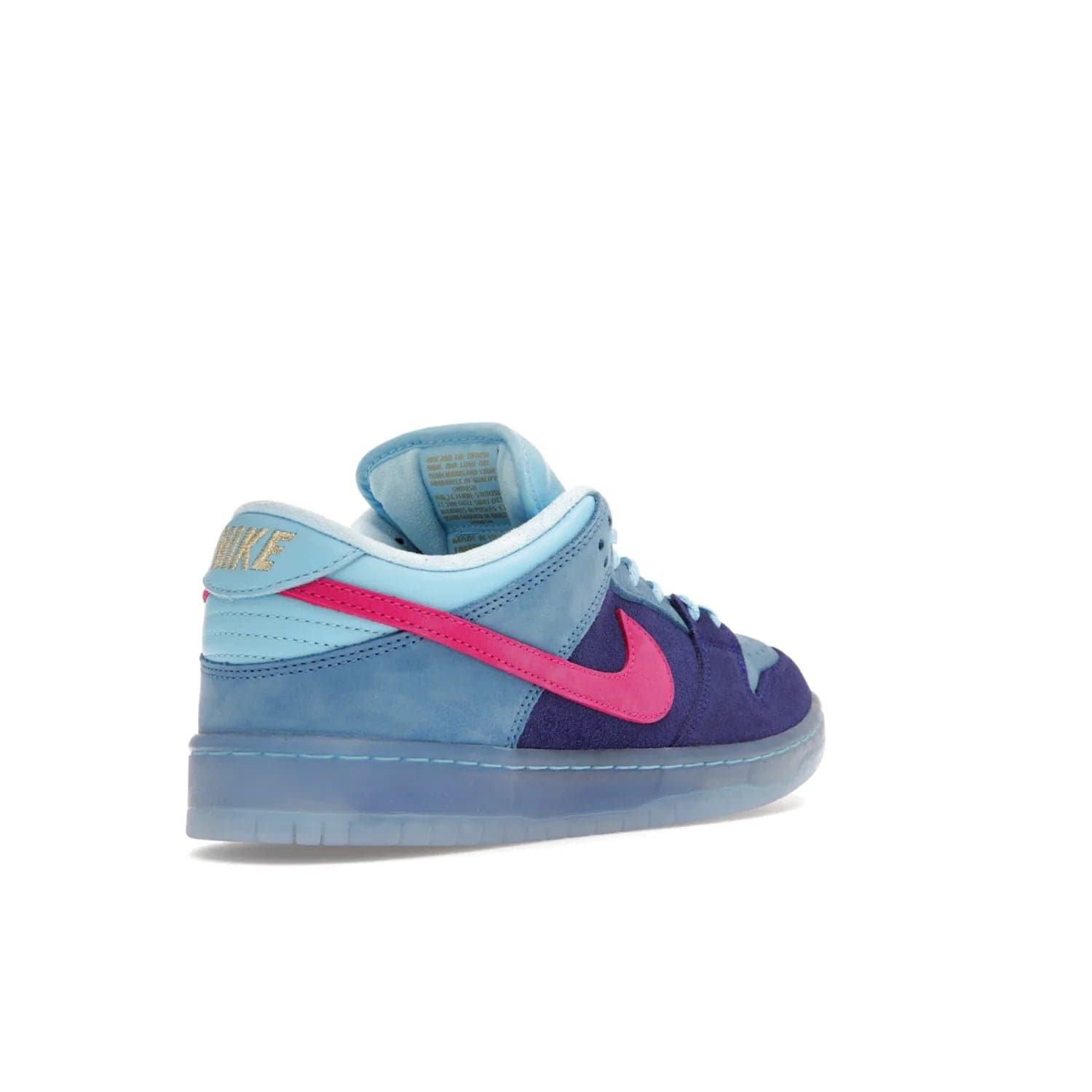 Nike SB Dunk Low Run The Jewels - Image 32 - Only at www.BallersClubKickz.com - The Nike SB Dunk Low Run The Jewels pays tribute to the Run the Jewels 3 album cover. It features a blue suede upper with pink suede accents, gold branding and 3 lace sets. RTJ insoles complete this limited edition sneaker. Get it now for your shoe collection.