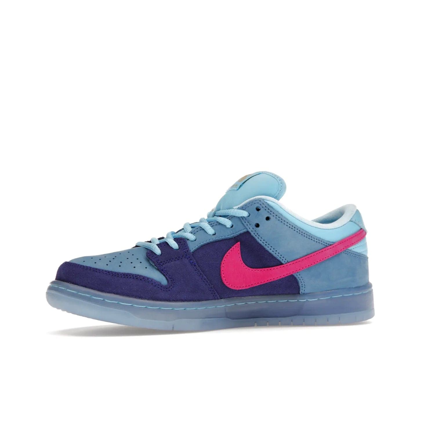 Nike SB Dunk Low Run The Jewels - Image 17 - Only at www.BallersClubKickz.com - The Nike SB Dunk Low Run The Jewels pays tribute to the Run the Jewels 3 album cover. It features a blue suede upper with pink suede accents, gold branding and 3 lace sets. RTJ insoles complete this limited edition sneaker. Get it now for your shoe collection.