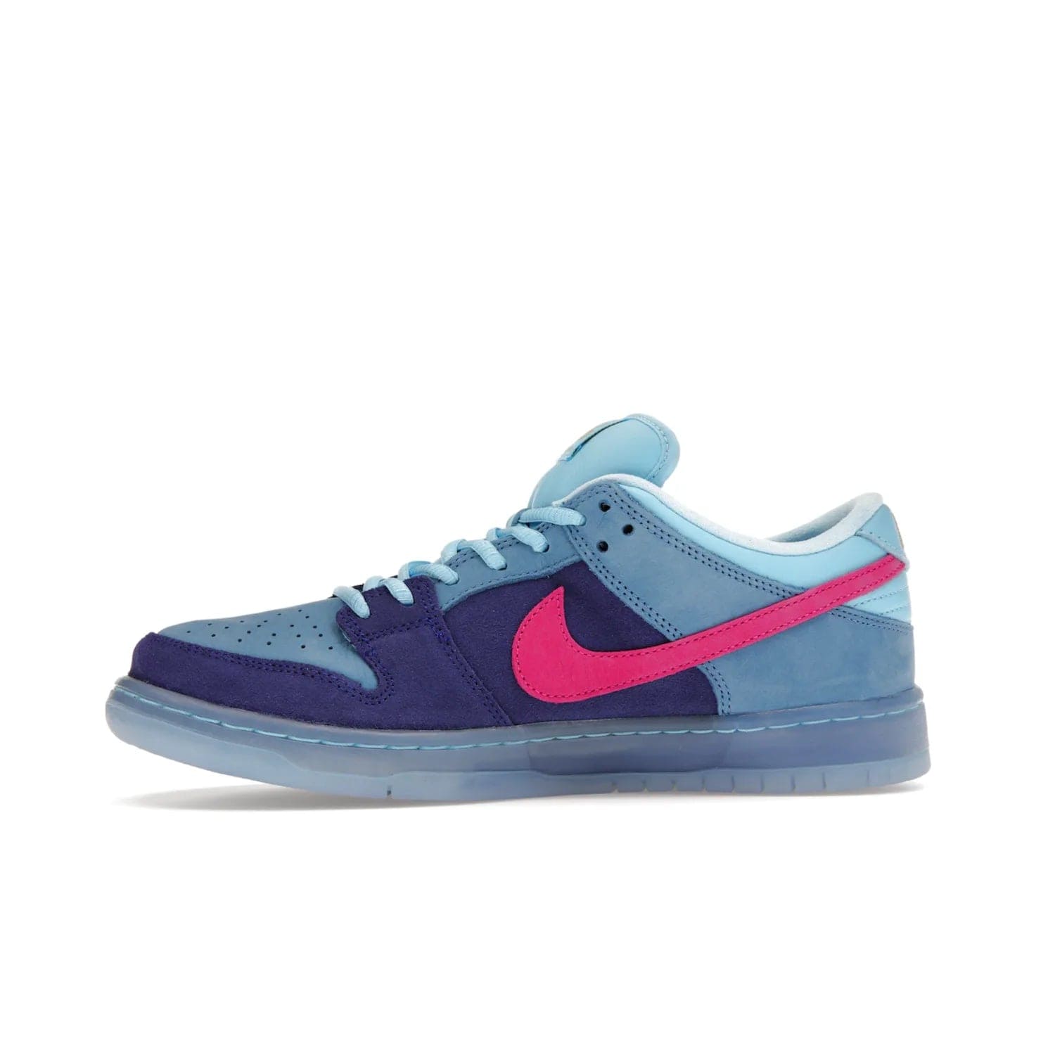 Nike SB Dunk Low Run The Jewels - Image 18 - Only at www.BallersClubKickz.com - The Nike SB Dunk Low Run The Jewels pays tribute to the Run the Jewels 3 album cover. It features a blue suede upper with pink suede accents, gold branding and 3 lace sets. RTJ insoles complete this limited edition sneaker. Get it now for your shoe collection.
