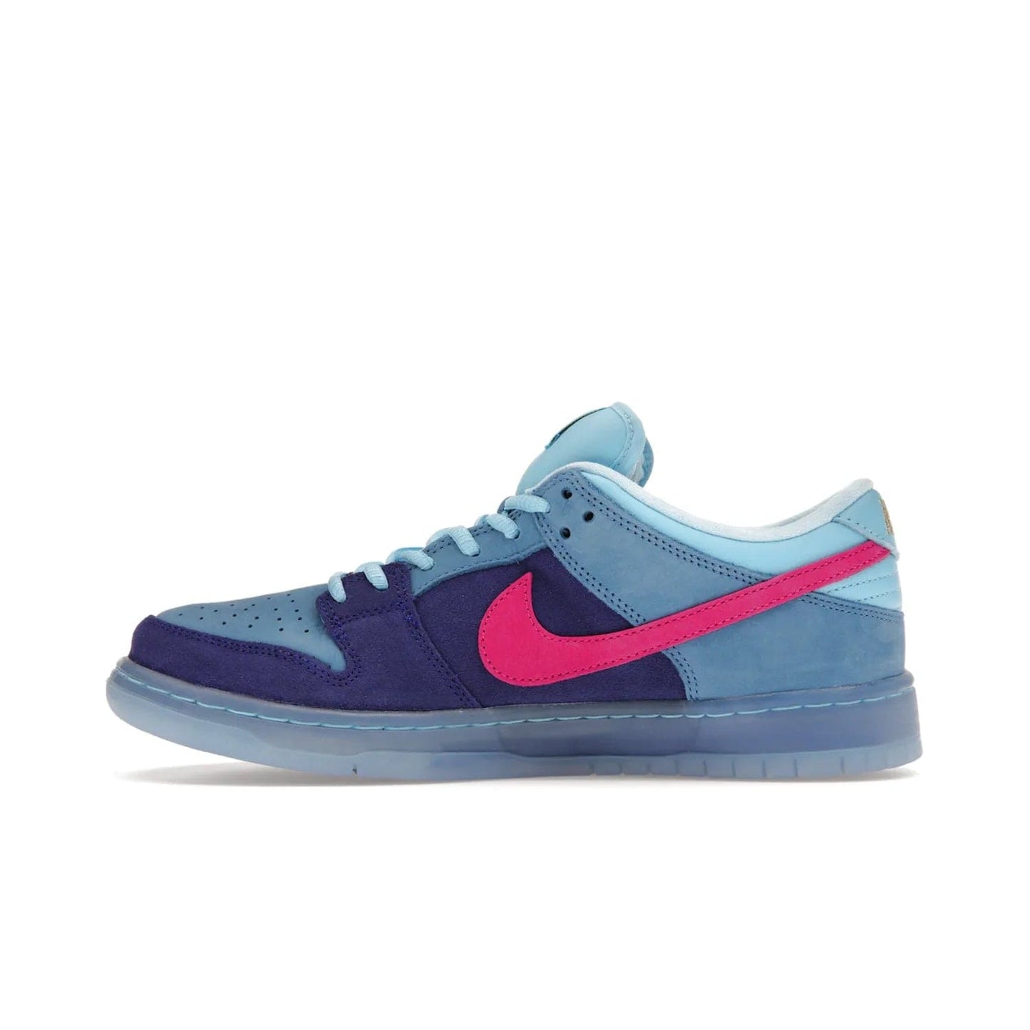 Nike SB Dunk Low Run The Jewels - Image 19 - Only at www.BallersClubKickz.com - The Nike SB Dunk Low Run The Jewels pays tribute to the Run the Jewels 3 album cover. It features a blue suede upper with pink suede accents, gold branding and 3 lace sets. RTJ insoles complete this limited edition sneaker. Get it now for your shoe collection.