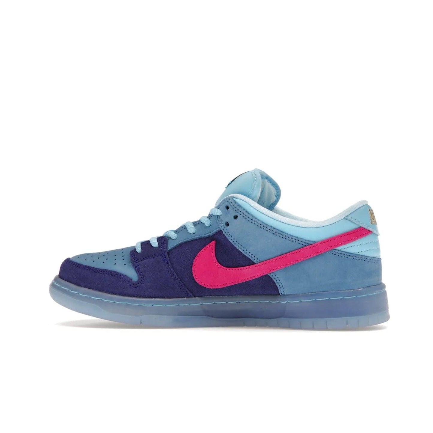 Nike SB Dunk Low Run The Jewels - Image 20 - Only at www.BallersClubKickz.com - The Nike SB Dunk Low Run The Jewels pays tribute to the Run the Jewels 3 album cover. It features a blue suede upper with pink suede accents, gold branding and 3 lace sets. RTJ insoles complete this limited edition sneaker. Get it now for your shoe collection.