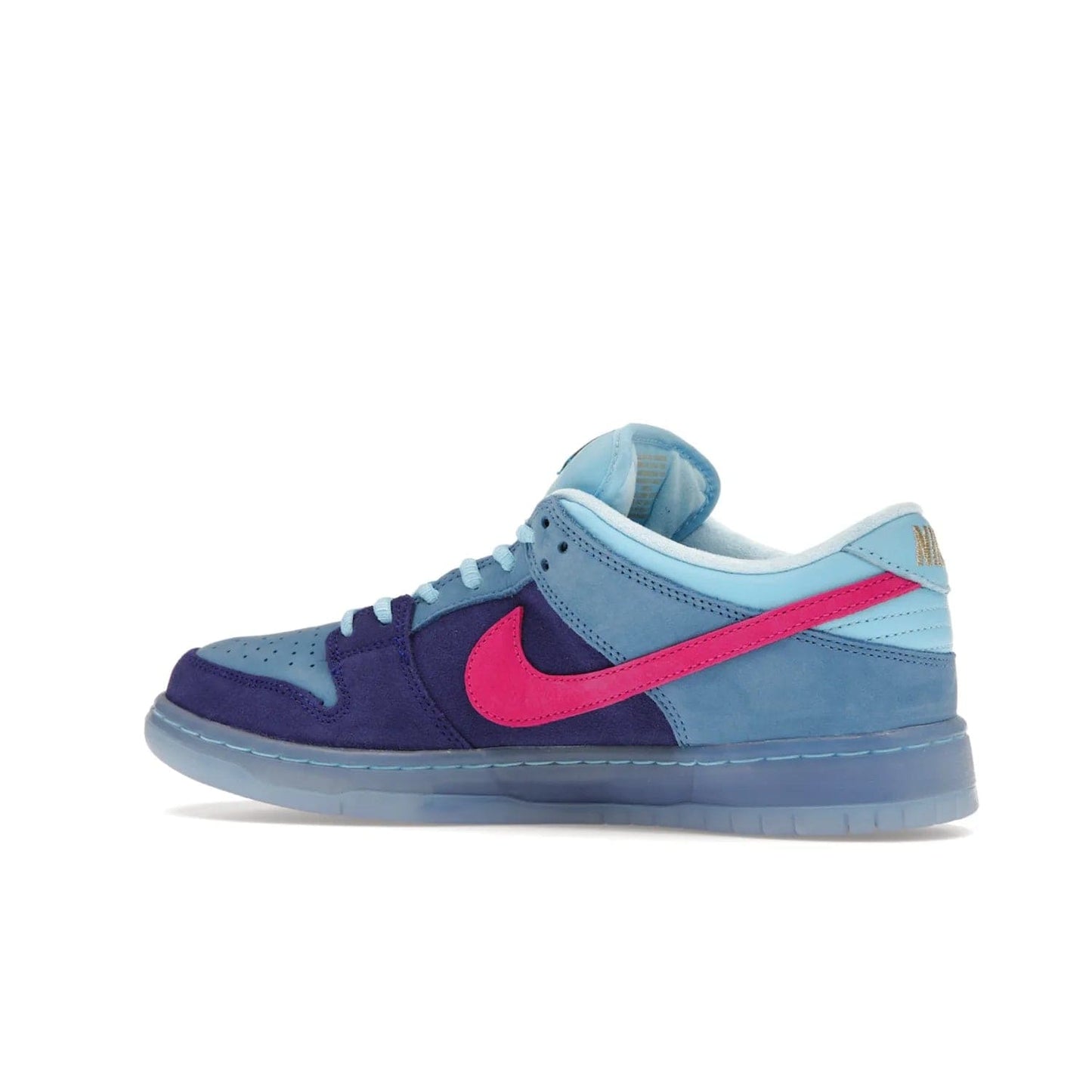 Nike SB Dunk Low Run The Jewels - Image 21 - Only at www.BallersClubKickz.com - The Nike SB Dunk Low Run The Jewels pays tribute to the Run the Jewels 3 album cover. It features a blue suede upper with pink suede accents, gold branding and 3 lace sets. RTJ insoles complete this limited edition sneaker. Get it now for your shoe collection.